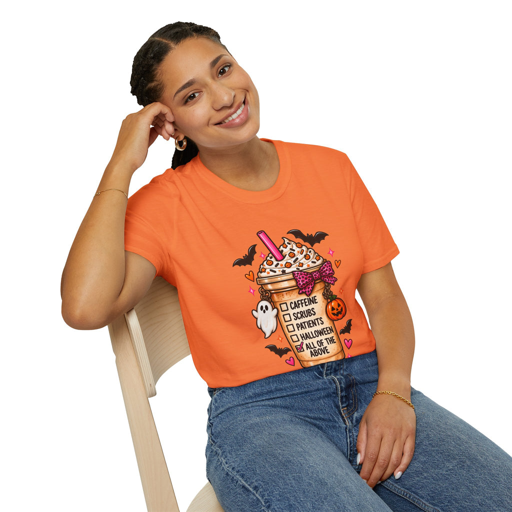 Halloween Nurse Coffee T-Shirt — "Caffeine, Scrubs, Patients" Fall Medical Tee