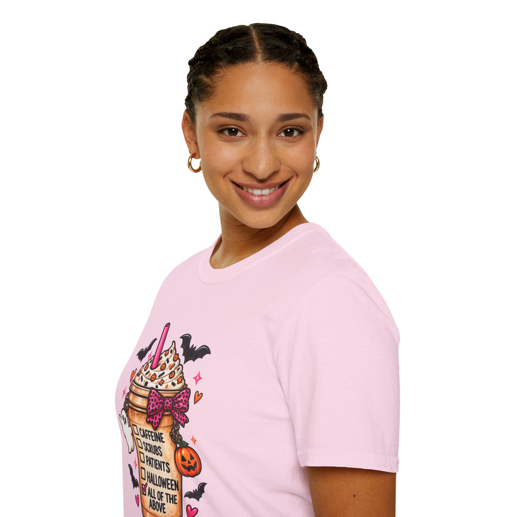 Halloween Nurse Coffee T-Shirt — "Caffeine, Scrubs, Patients" Fall Medical Tee