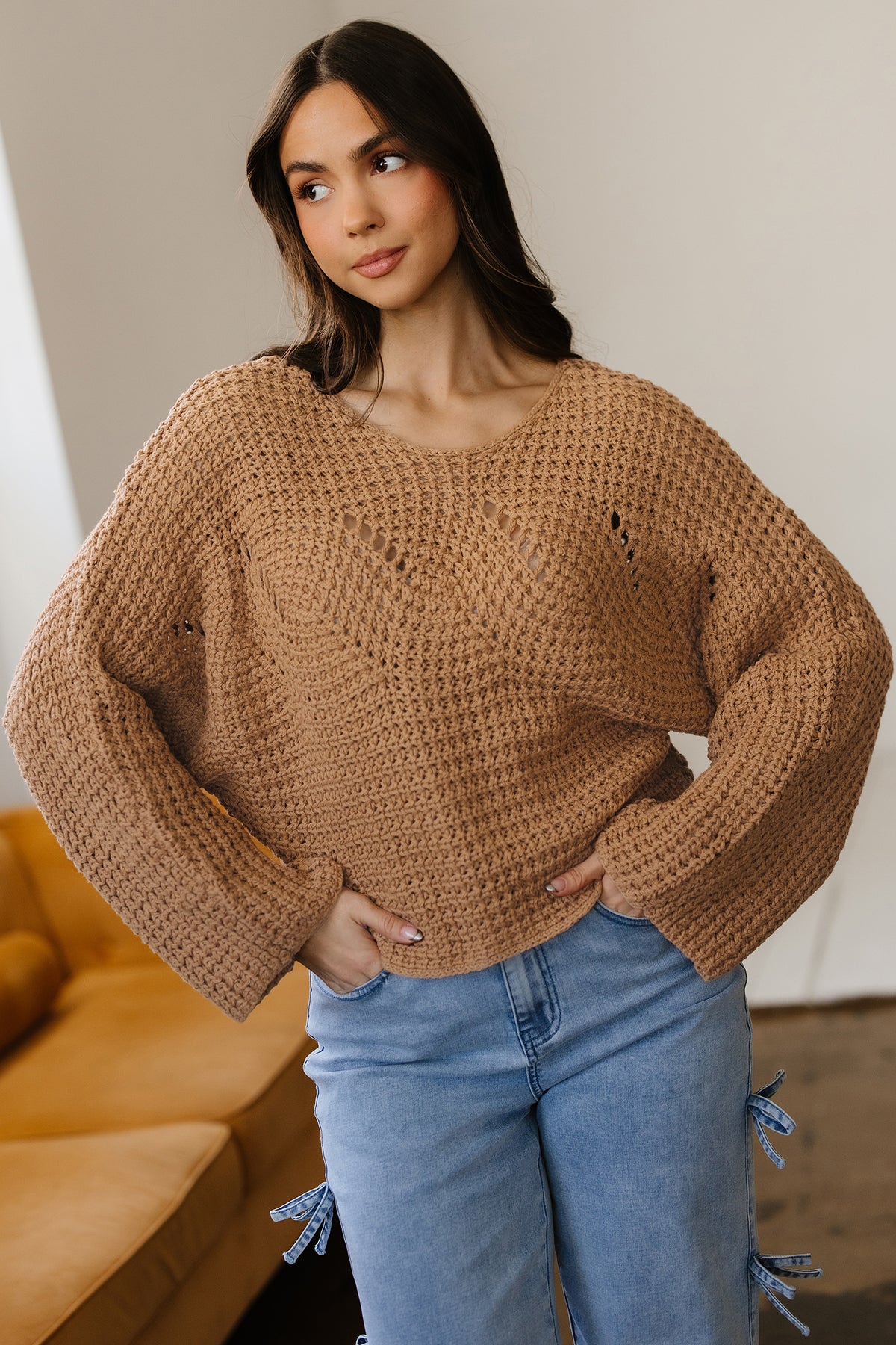 White Hollowed Detail Wide Sleeve Loose Pullover Sweater