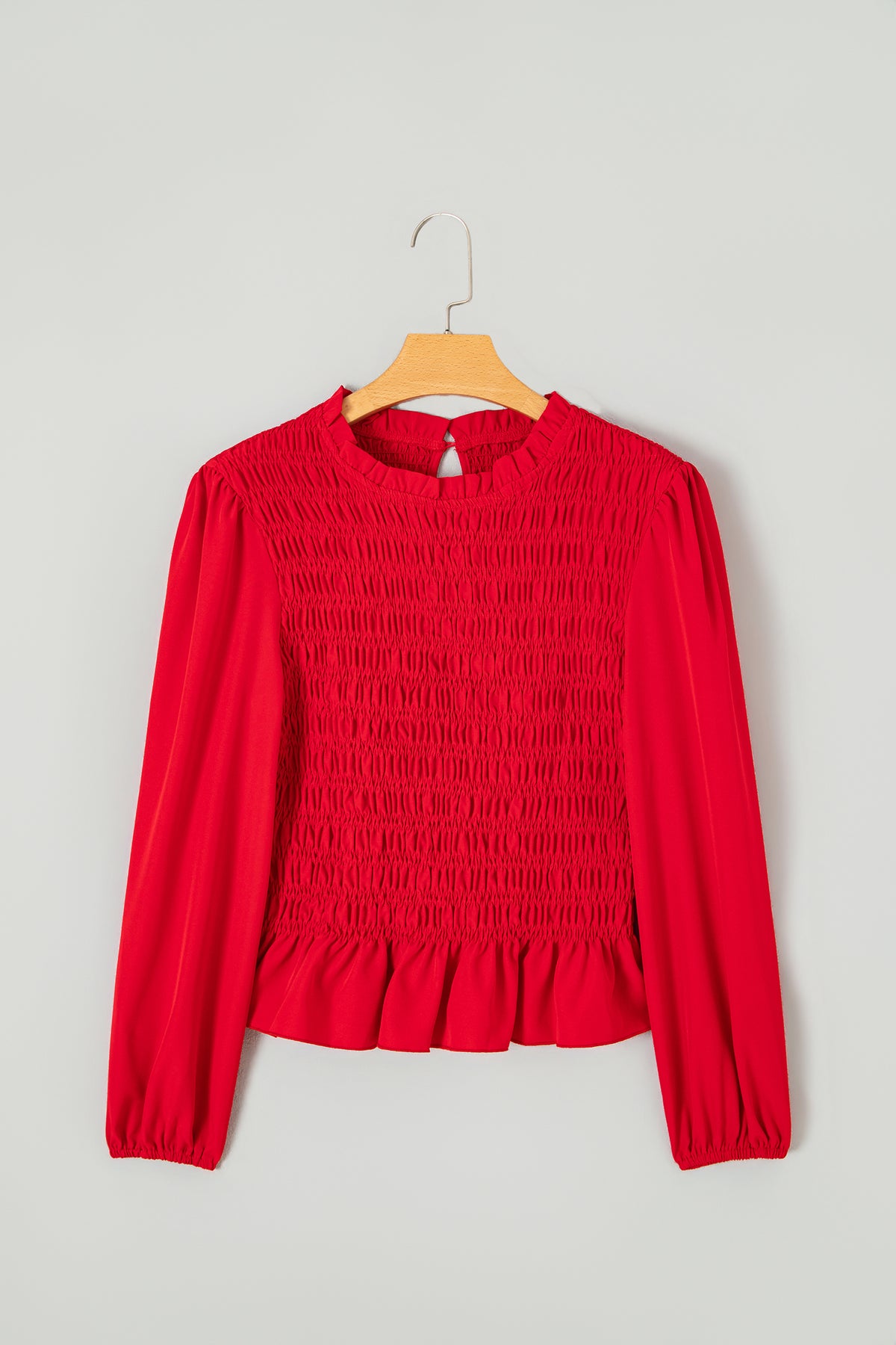 Jet Stream Solid Color Smocked Ruffle Hem Long Sleeve Blouse