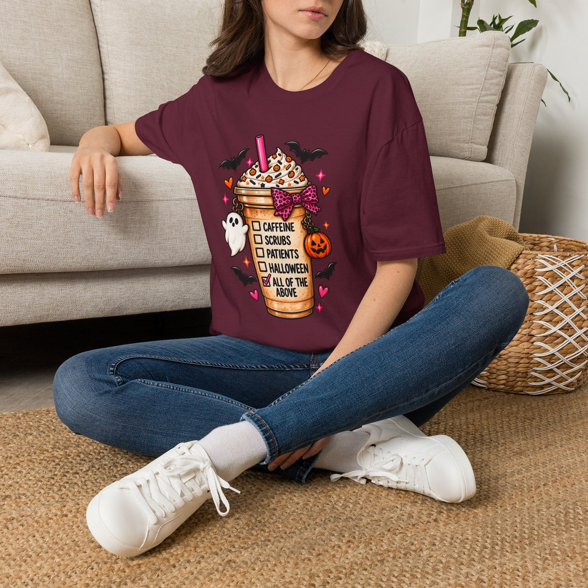 Halloween Nurse Coffee T-Shirt — "Caffeine, Scrubs, Patients" Fall Medical Tee