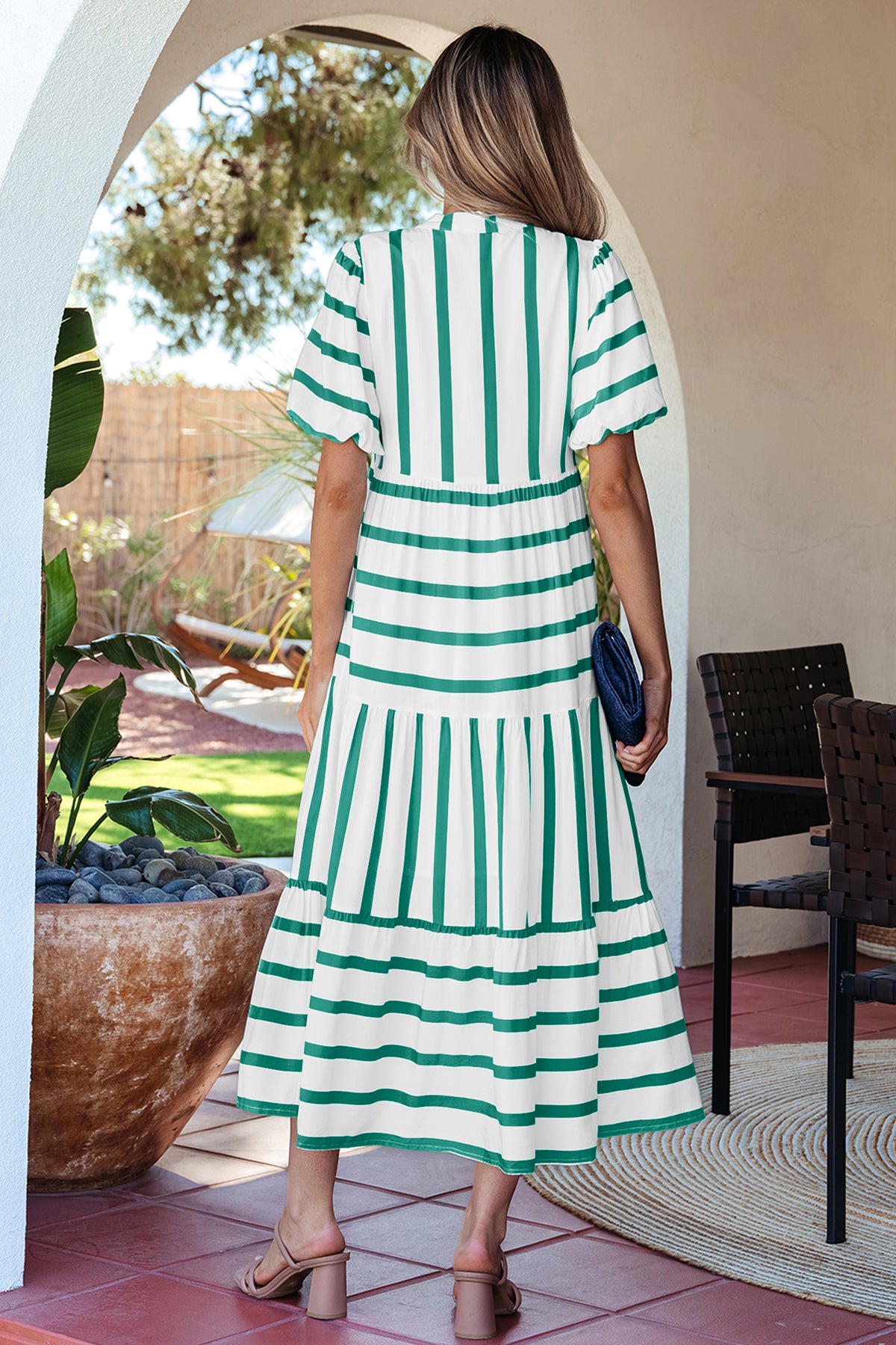 Pink Stripe Ricrac Trim Notched Neck Half Sleeve Vacation Dress