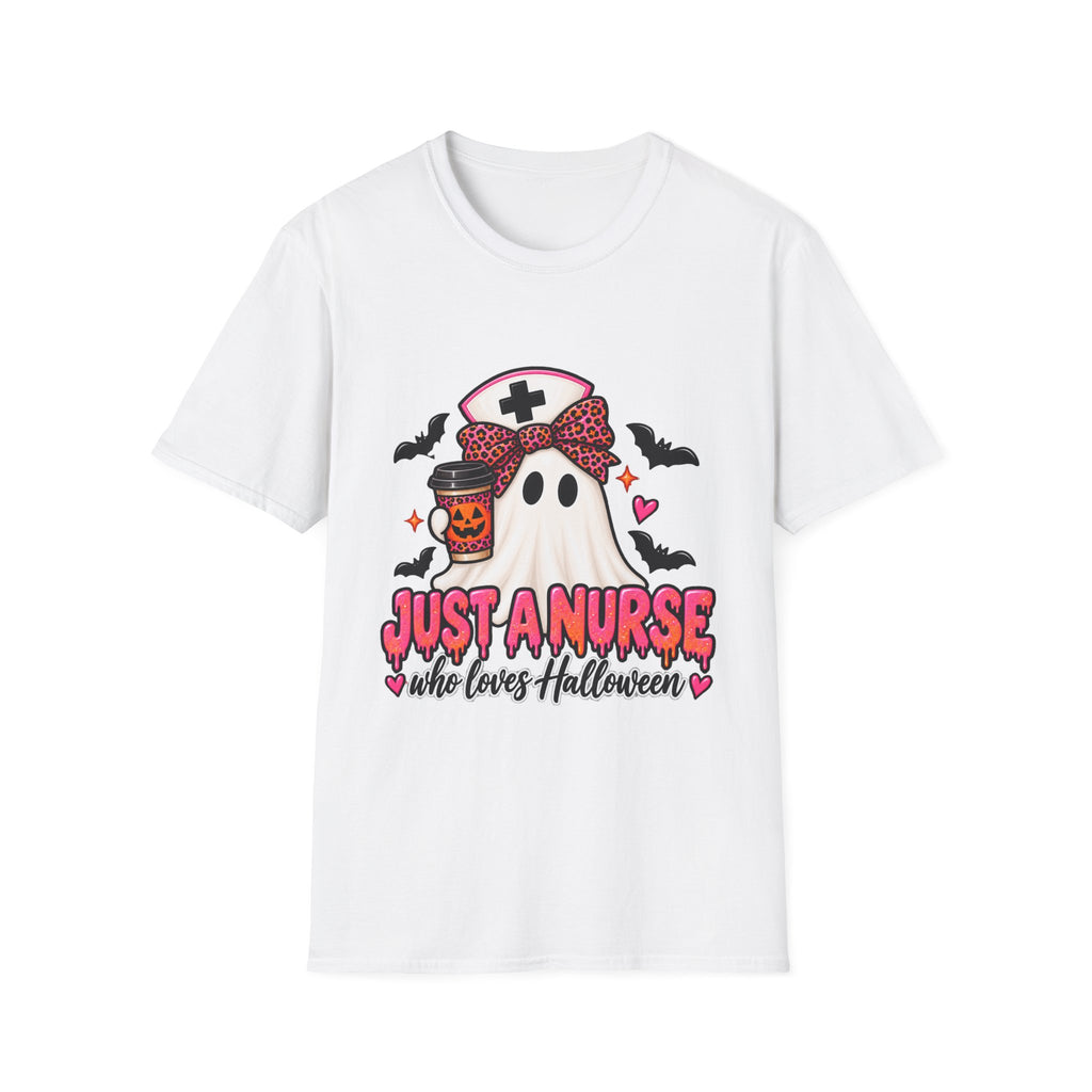 Halloween Nurse T‑Shirt – “Just a Nurse Who Loves Halloween” Ghost Design