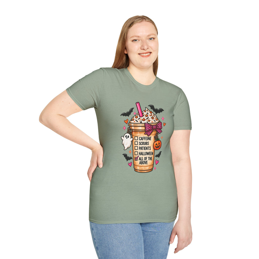 Halloween Nurse Coffee T-Shirt — "Caffeine, Scrubs, Patients" Fall Medical Tee