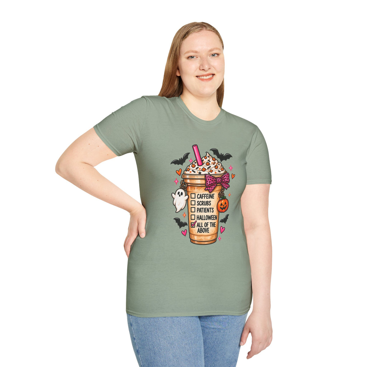 Halloween Nurse Coffee T-Shirt — "Caffeine, Scrubs, Patients" Fall Medical Tee