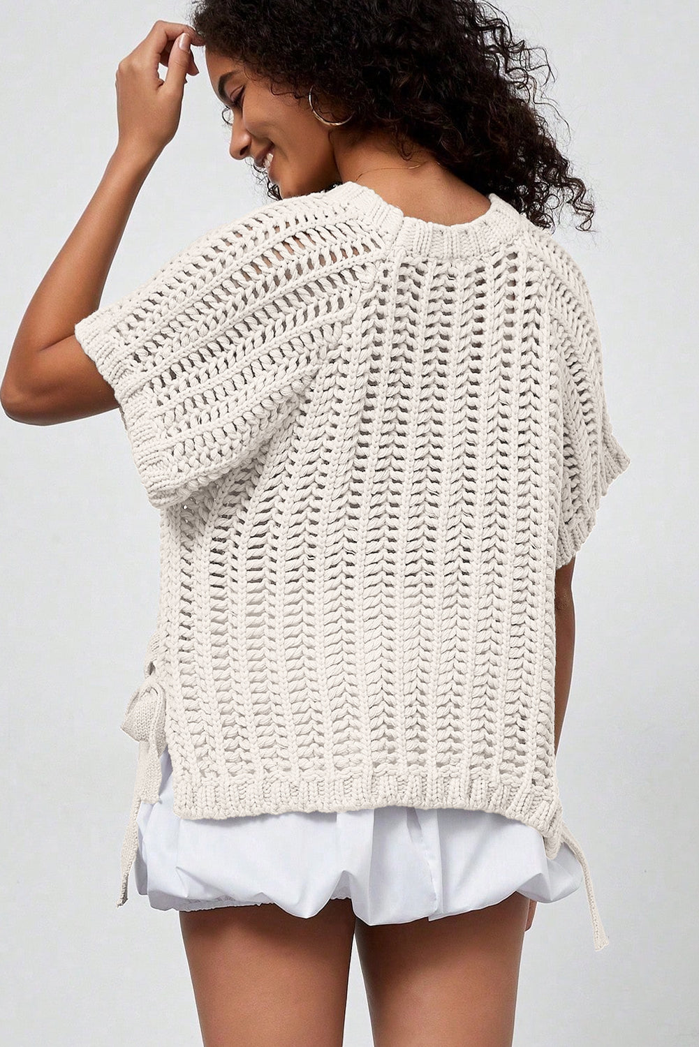 Apricot Plus Size Open Knit Bow Tie Short Sleeve Sweater