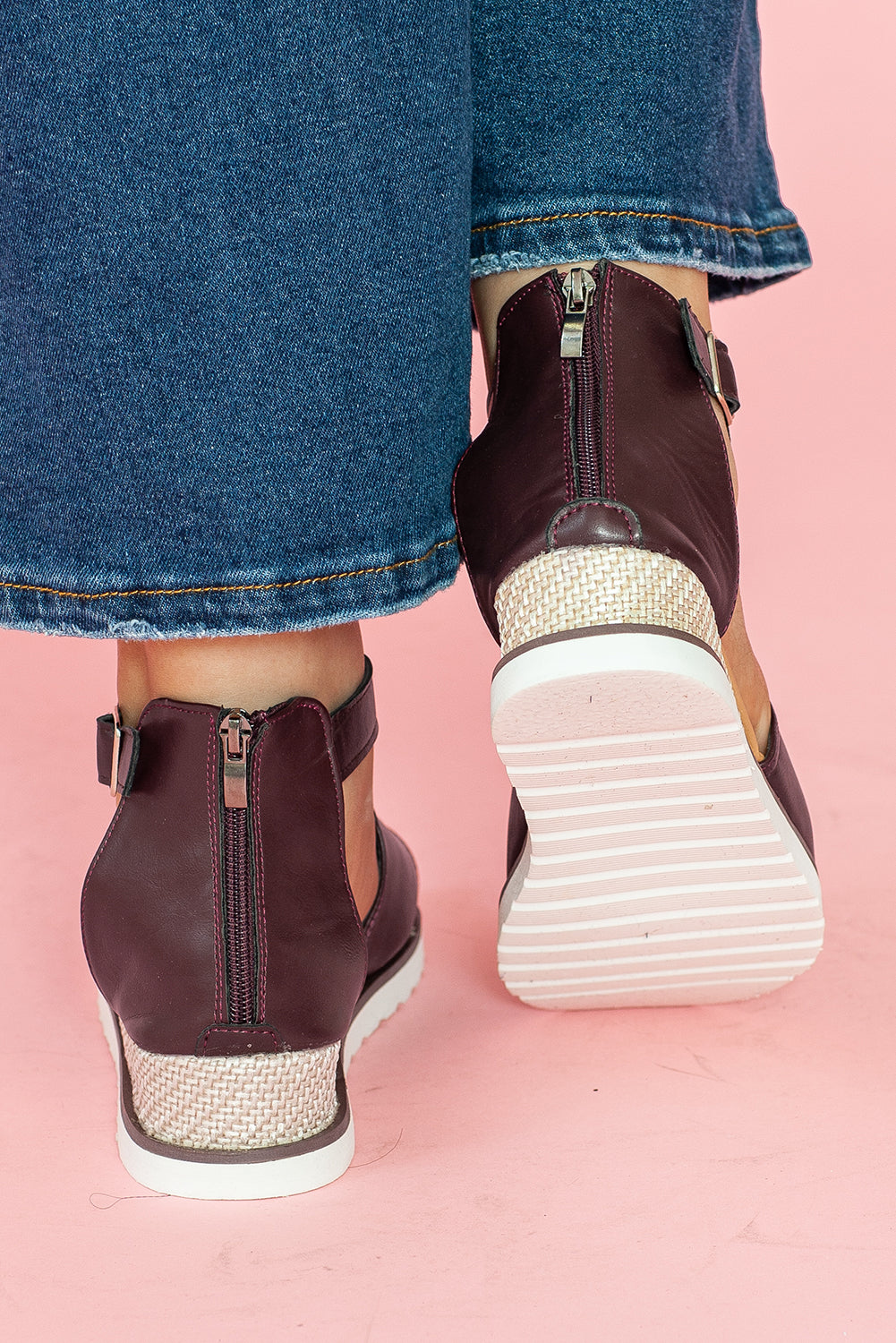 Brown PU Cutout Buckle Strap Platform Sandals