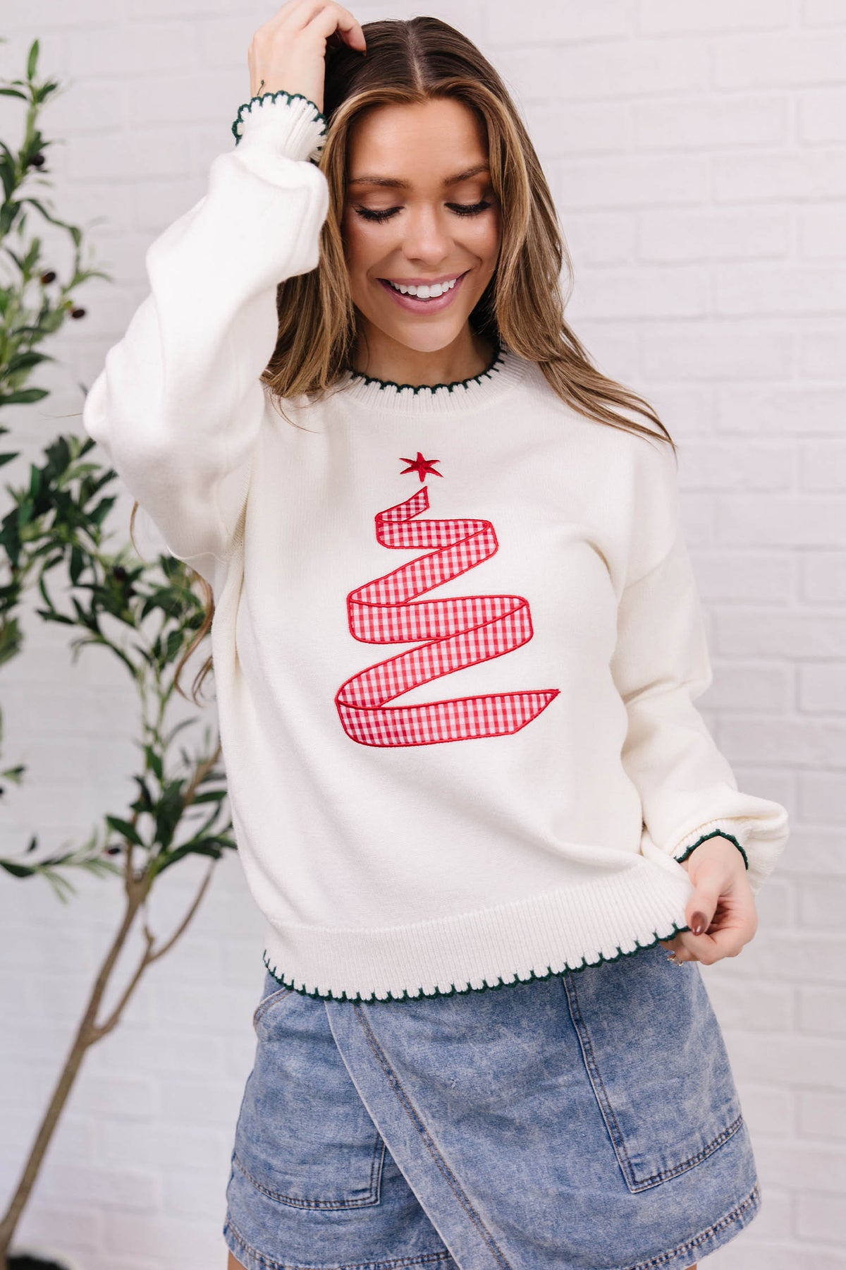 Racing Red Stitched Detail Christmas Tree Holiday Casual Sweater