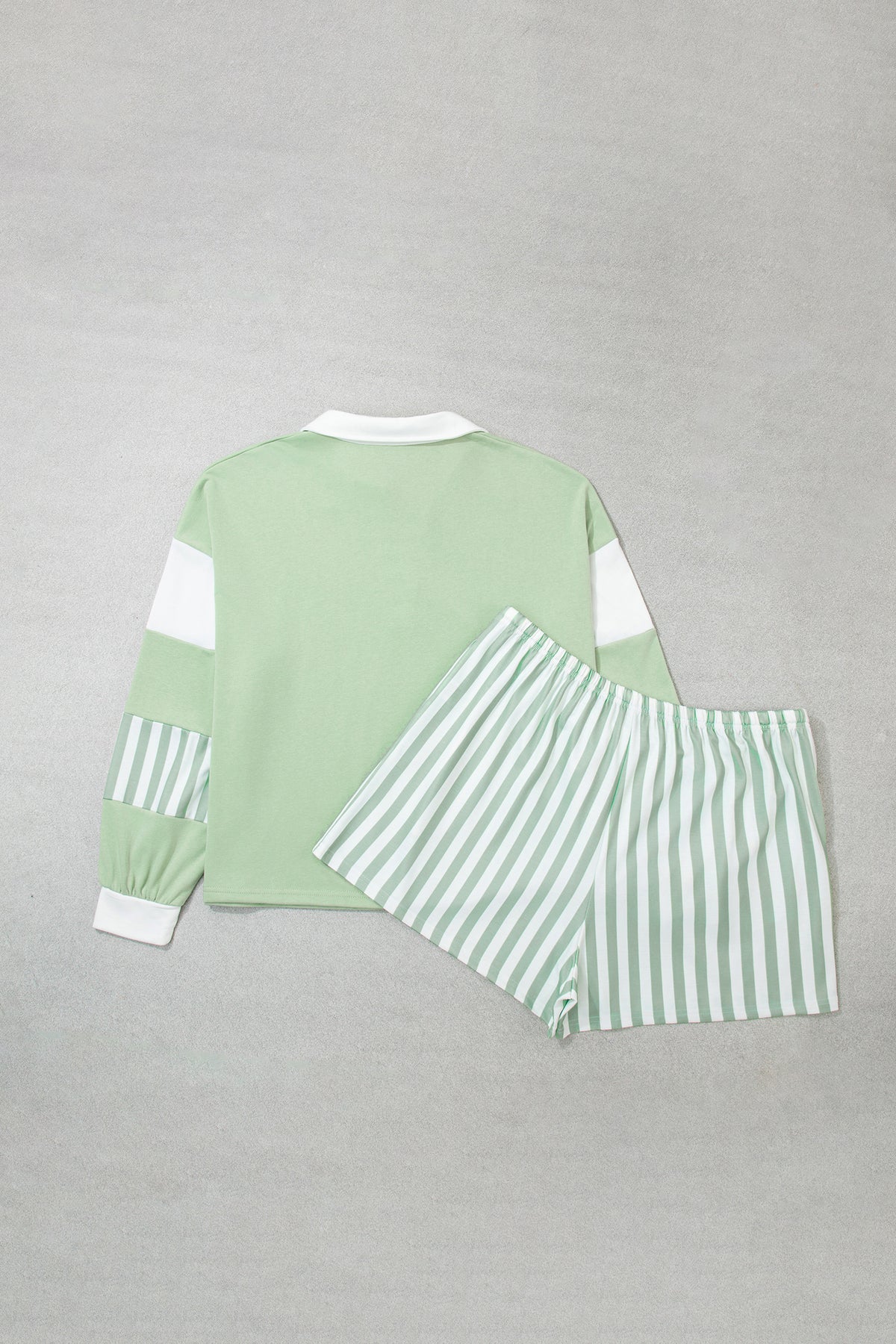 Smoke Green Striped Patchwork V Neck Two Piece Shorts Plus Size Set