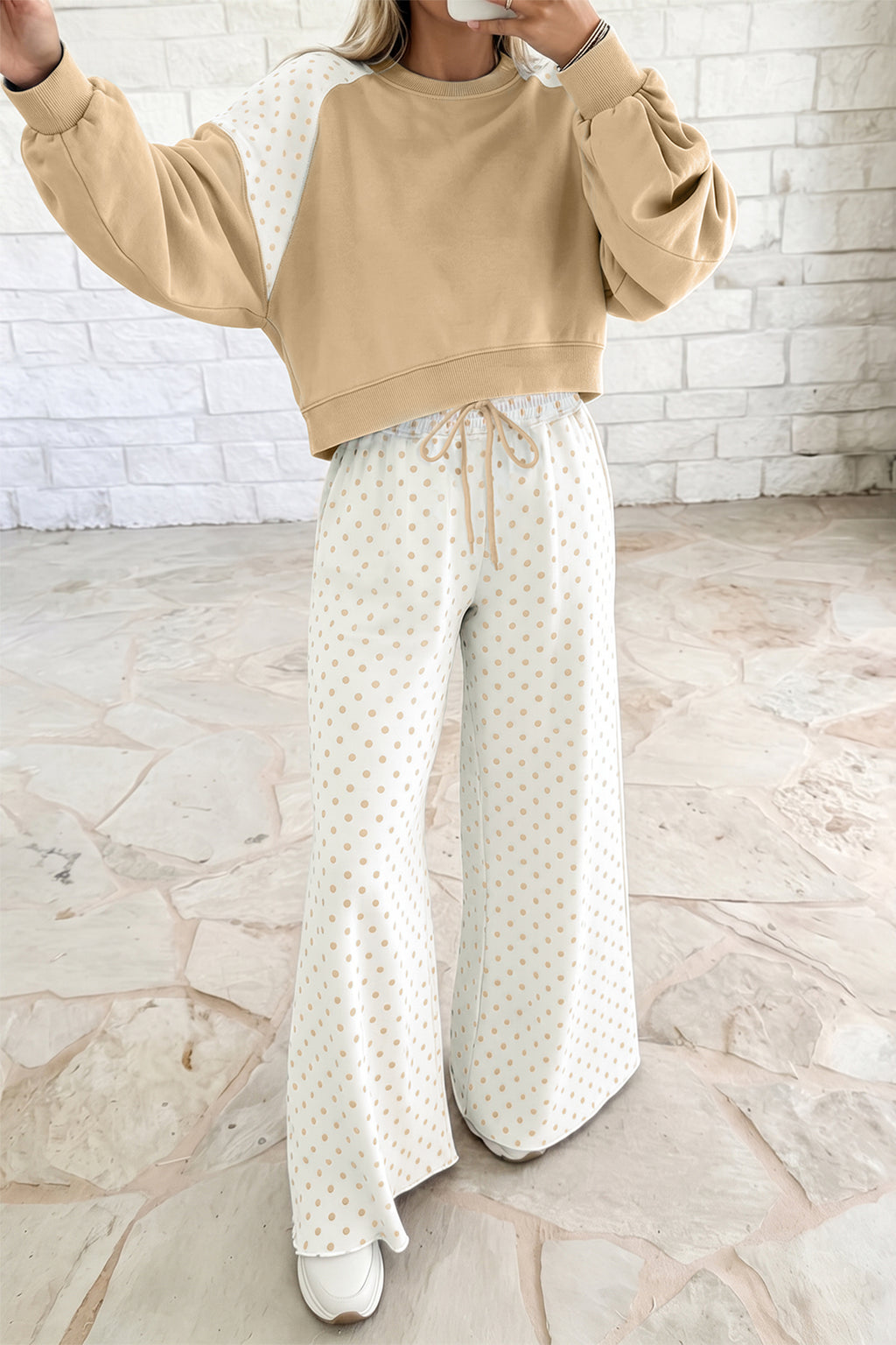 Pink Polka Dot Patchwork Colorblock Long Sleeve Casual Two Piece Pants Set