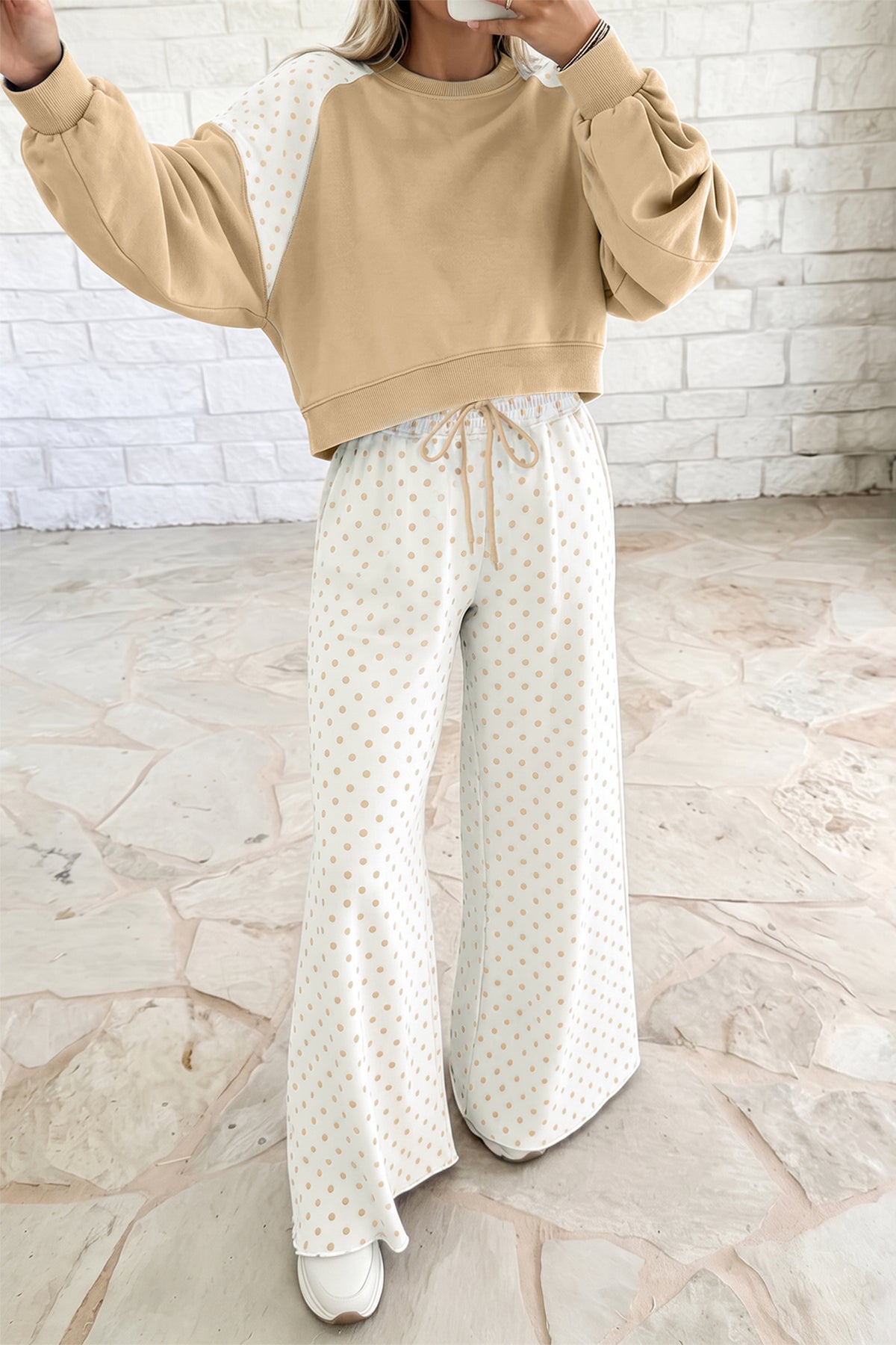 Pink Polka Dot Patchwork Colorblock Long Sleeve Casual Two Piece Pants Set