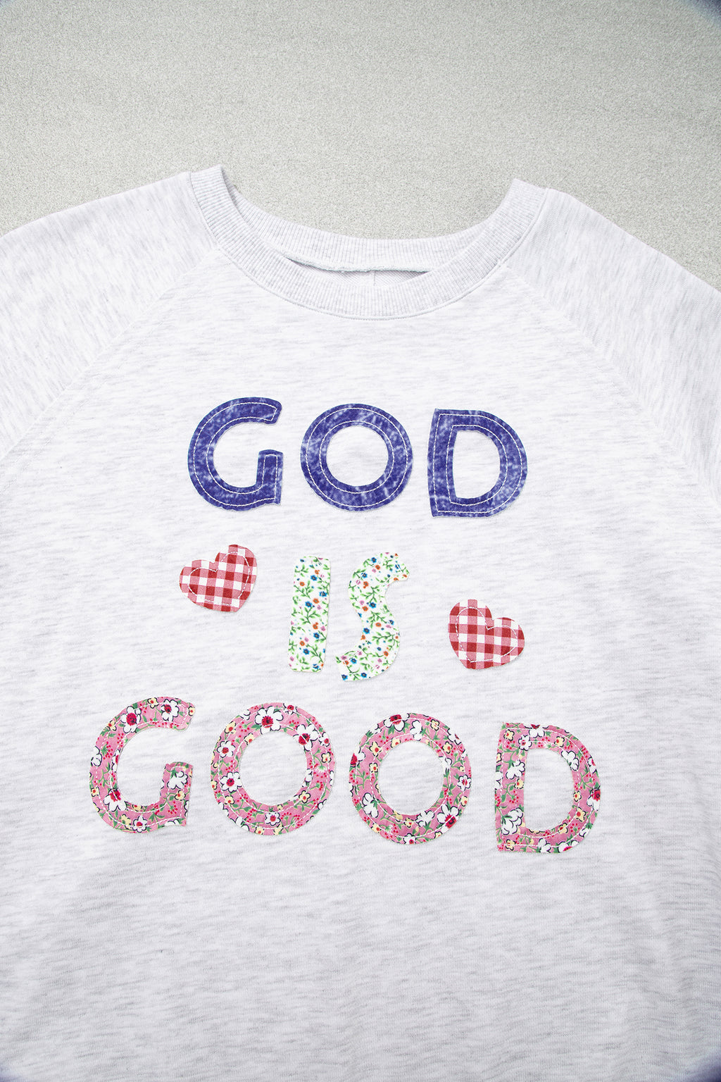 Light Grey GOD IS GOOD Patchwork Applique Relaxed 3/4 Sleeve Tunic Top
