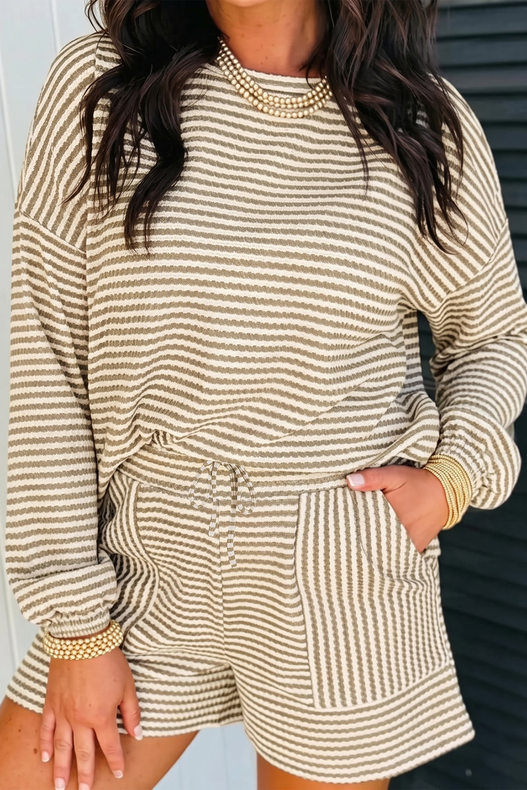 Brown Stripe Textured Knit Long Sleeve Top Elastic Waist Shorts Casual Outfit