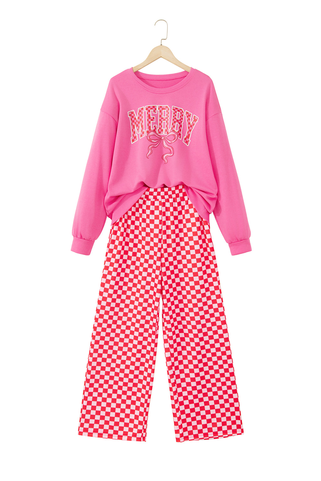 Red Christmas Slogan Graphic Plaid Contrast Two-piece Pant Set