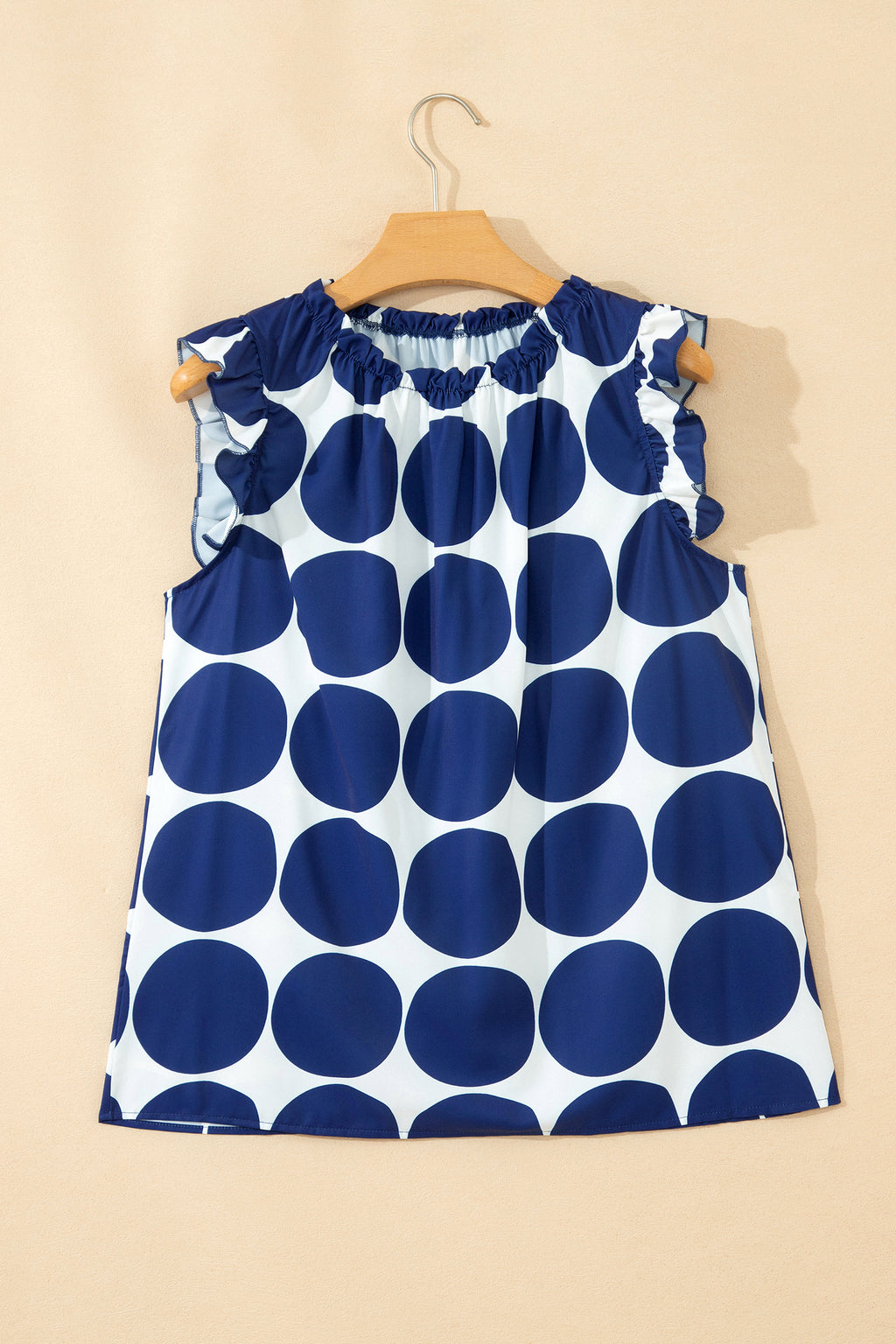 Blue Polka Dot Print Frilled Round Neck Shift Tank Top