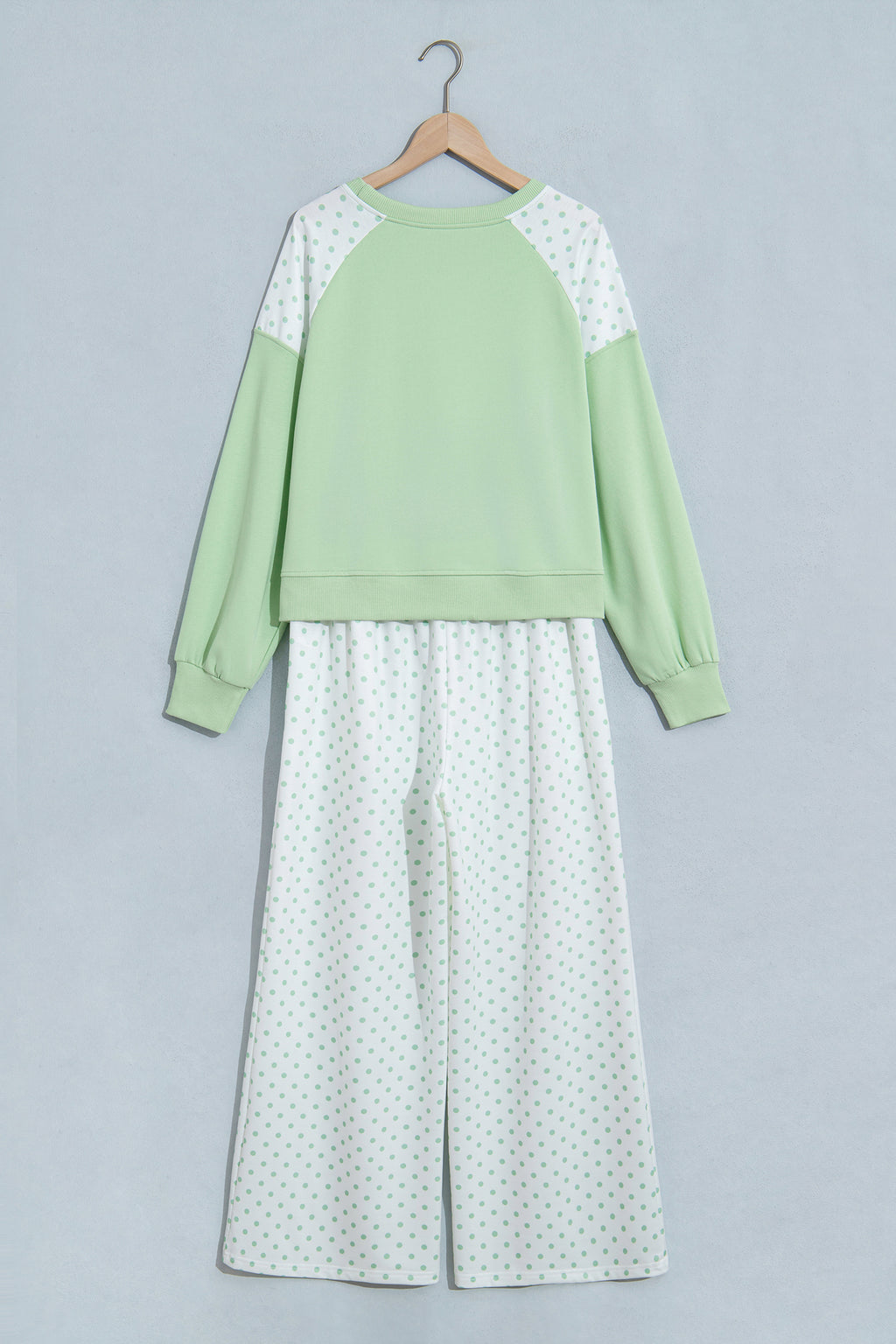 Pink Polka Dot Patchwork Colorblock Long Sleeve Casual Two Piece Pants Set