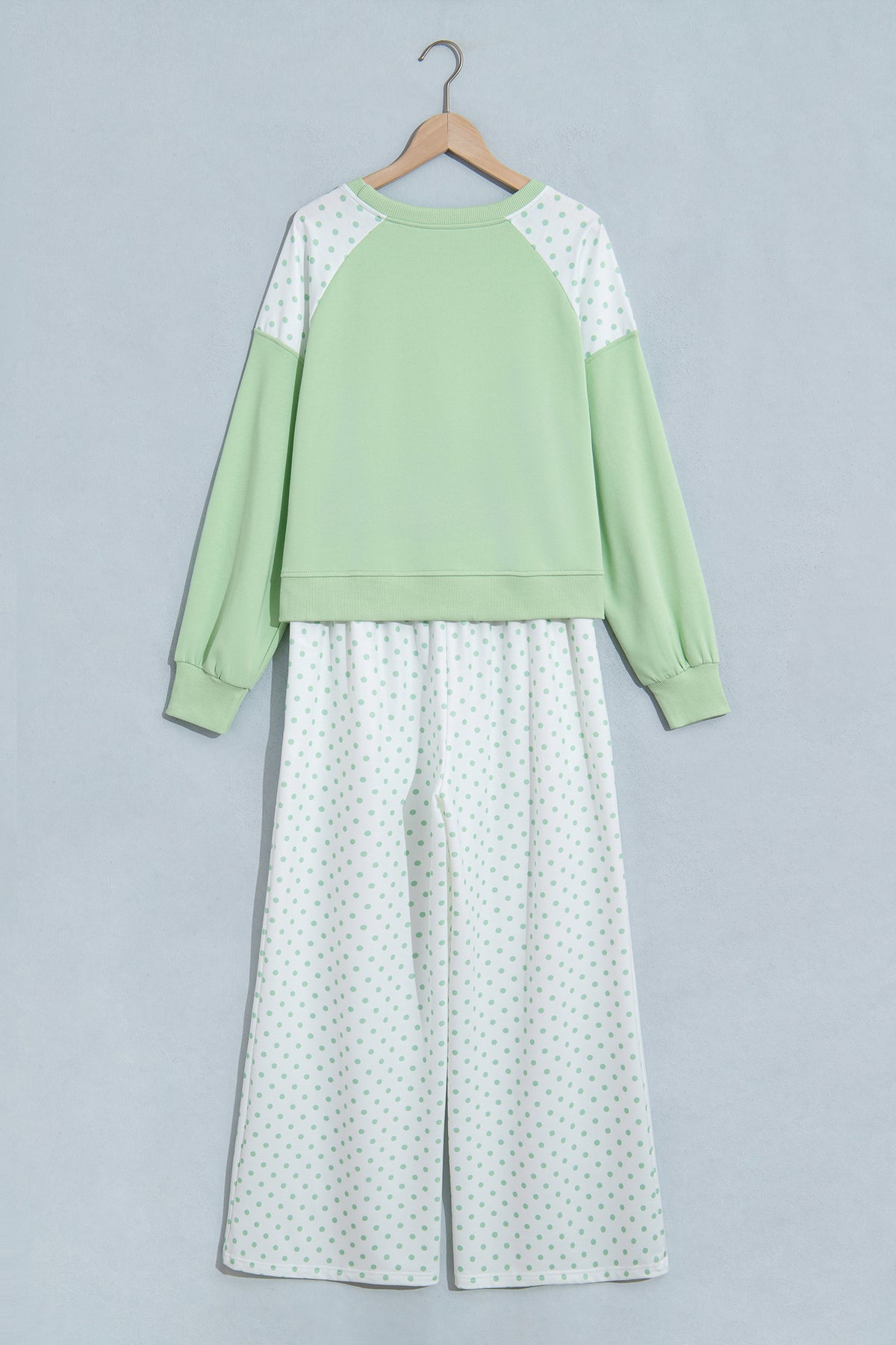 Pink Polka Dot Patchwork Colorblock Long Sleeve Casual Two Piece Pants Set