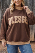 Coffee Plus Size Polka Dot Trim Mock Neck BLESS Graphic Sweatshirt