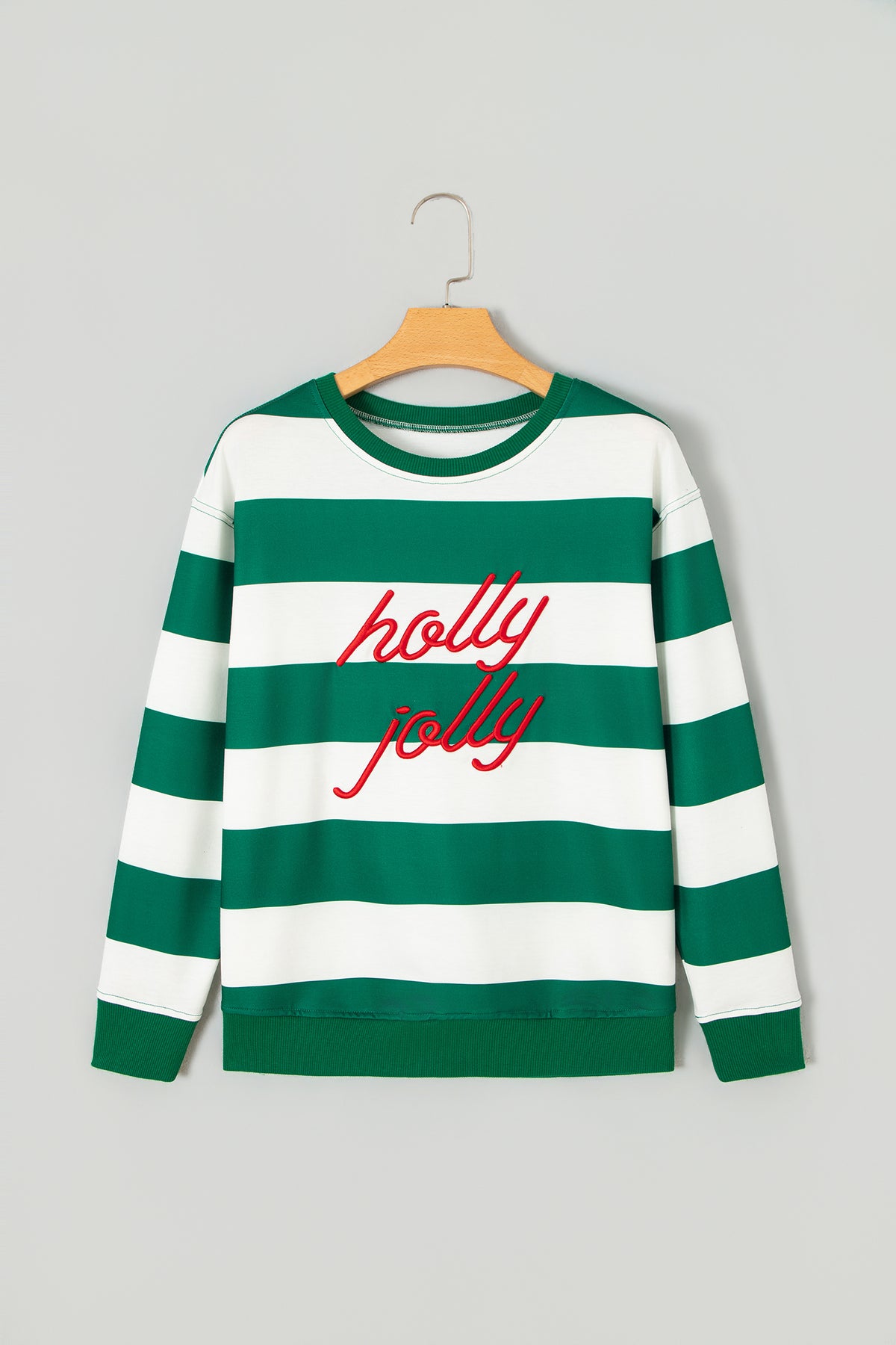Green Stripe holly jolly Letter Embroidered Pullover Sweatshirt