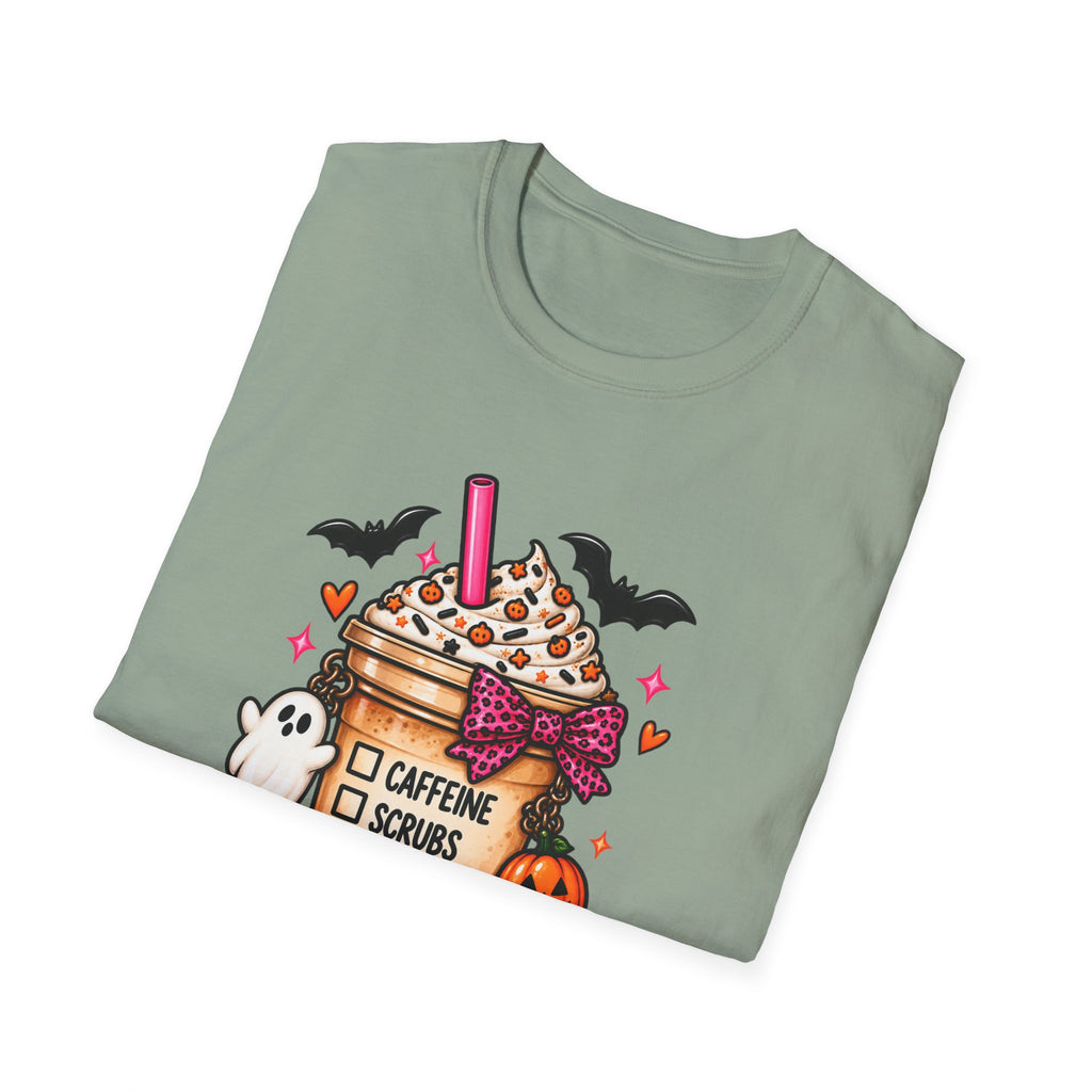 Halloween Nurse Coffee T-Shirt — "Caffeine, Scrubs, Patients" Fall Medical Tee