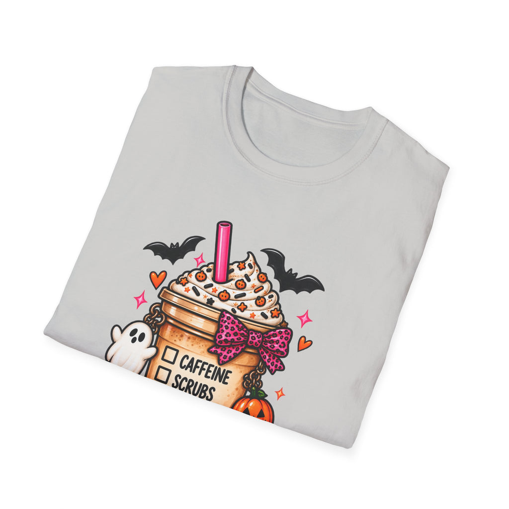 Halloween Nurse Coffee T-Shirt — "Caffeine, Scrubs, Patients" Fall Medical Tee