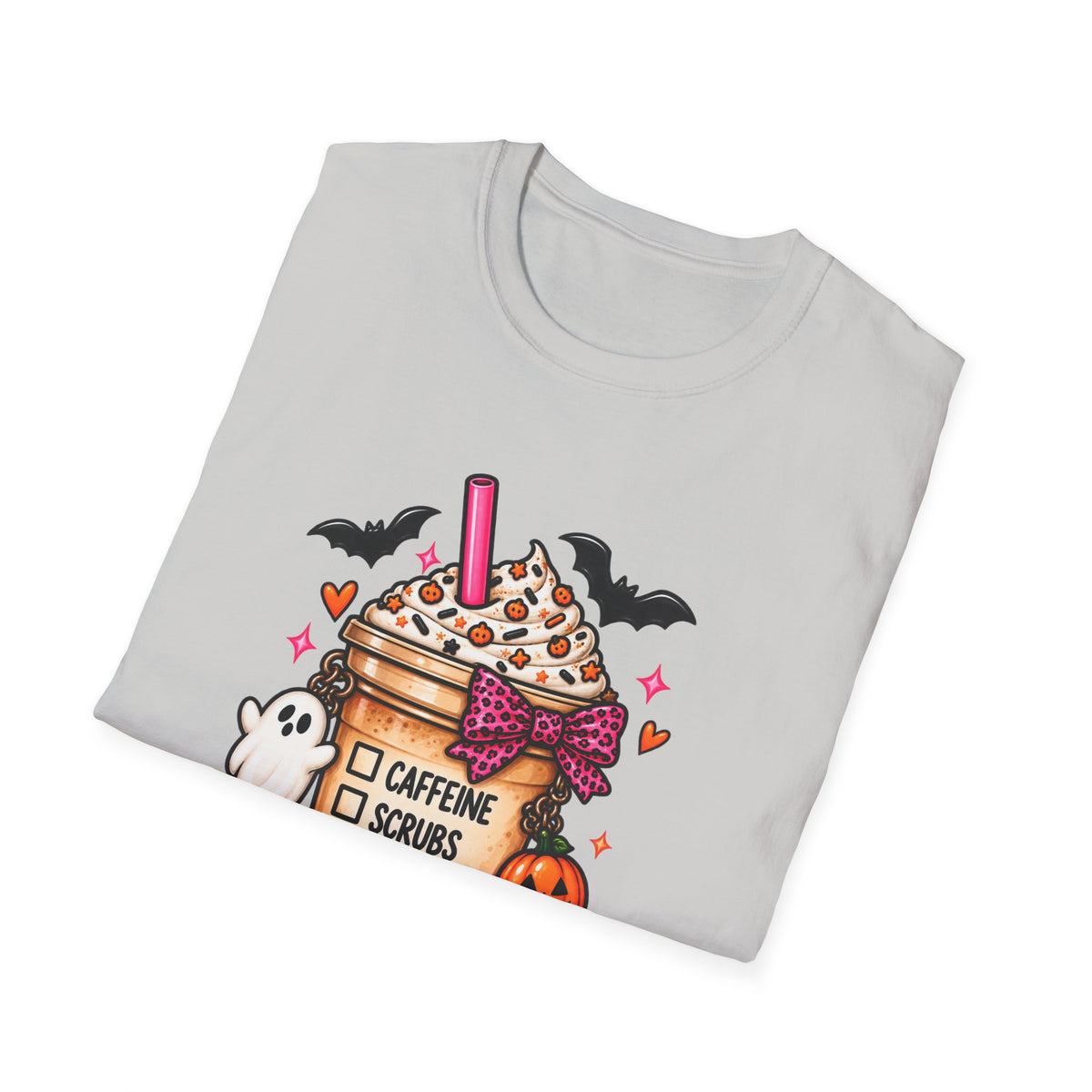 Halloween Nurse Coffee T-Shirt — "Caffeine, Scrubs, Patients" Fall Medical Tee