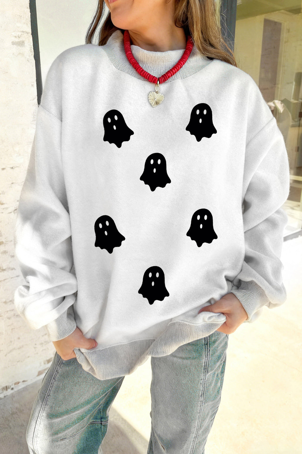Light Grey Halloween Boo Slogan Ghost Print Reversible Mock Neck Sweatshirt