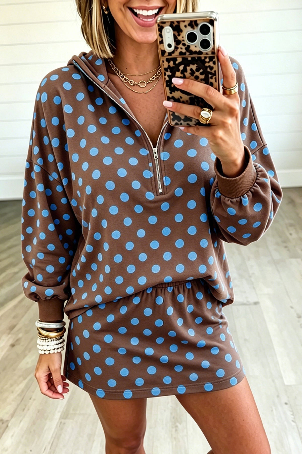 Orange Polka Dot Hooded Long Sleeve Top Casual Mini Skort Set