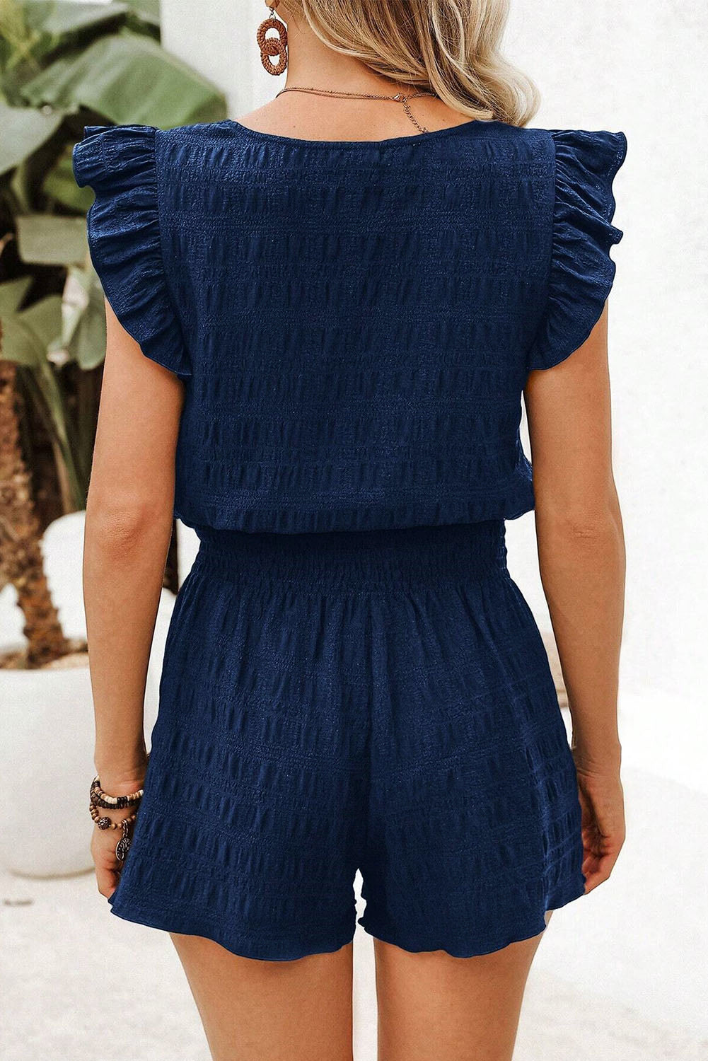 Dark Green Textured Square Neck Top and Shirred High Waist Shorts Set