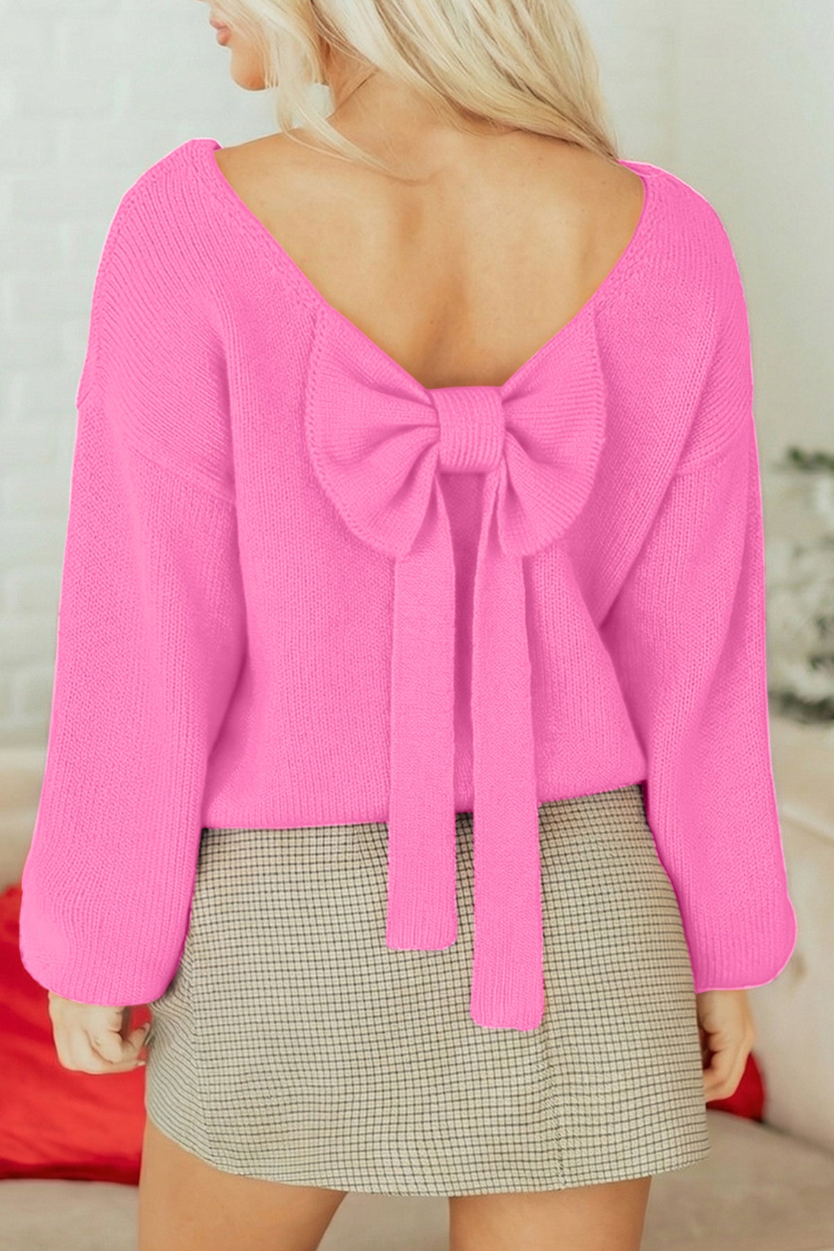 Bright Green Bow Backless Bubble Sleeve Sweater