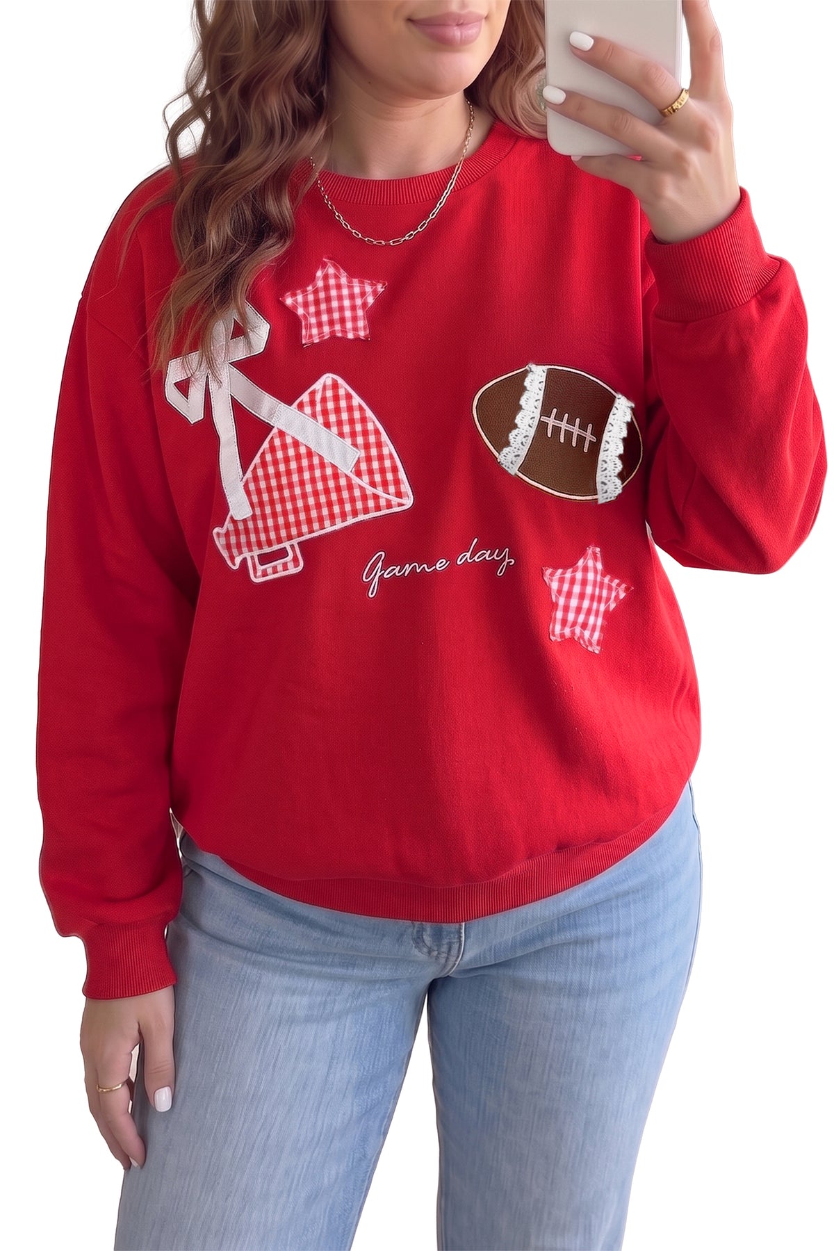 Racing Red Rugby Game Day Patchwork Graphic Plus Size Sweatshirt
