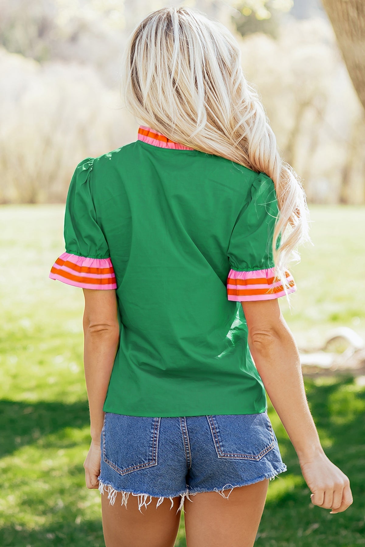 Fiery Red Striped Frilled Collar Ruffled Short Sleeve Blouse
