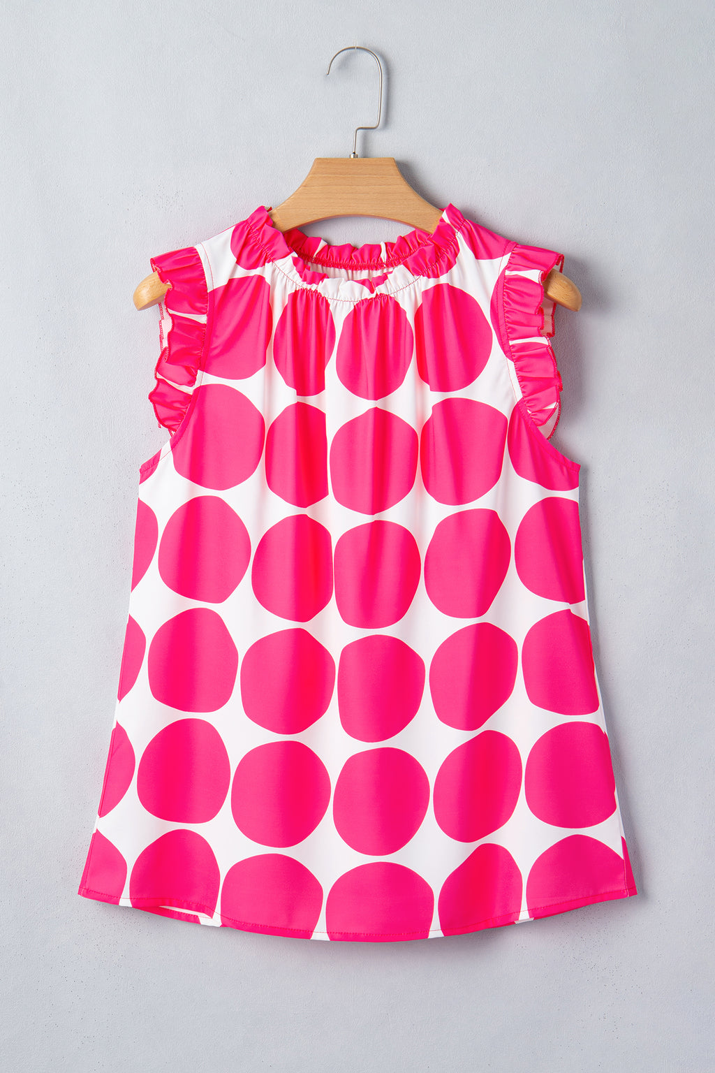 Blue Polka Dot Print Frilled Round Neck Shift Tank Top