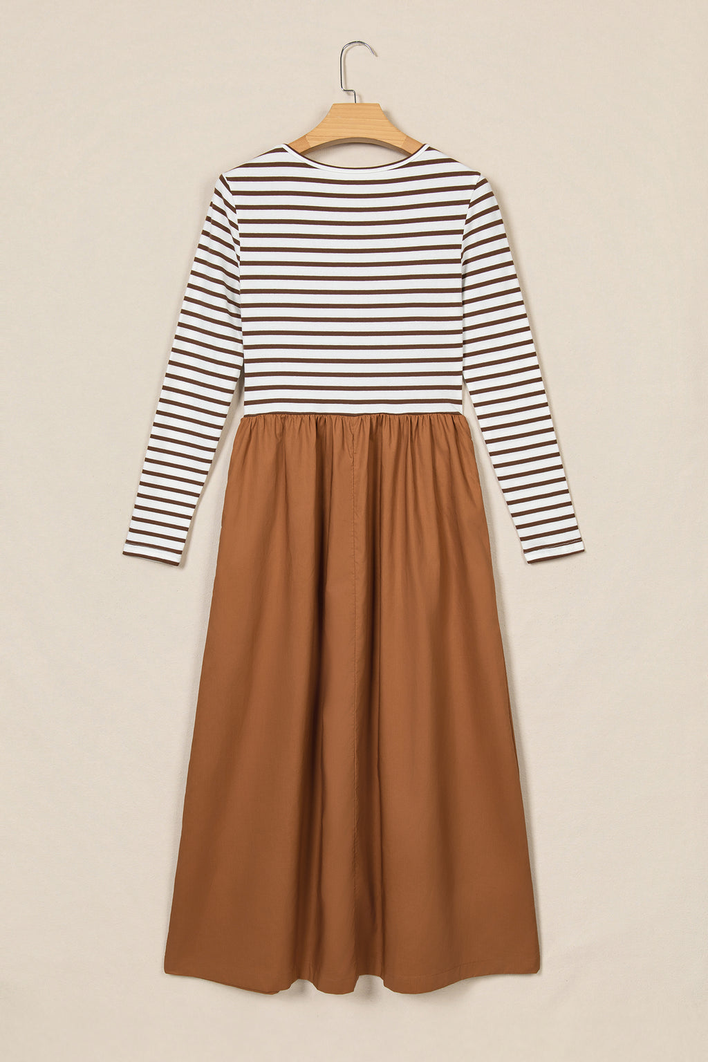 Brown Stripe Ribbed Knit Long Sleeve Bodice Contrast Patchwork Flared Dress