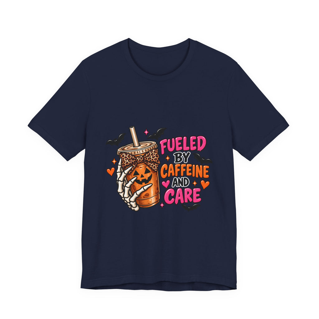 Fueled by Caffeine and Care Tee — Halloween Pumpkin Boba Coffee Shirt