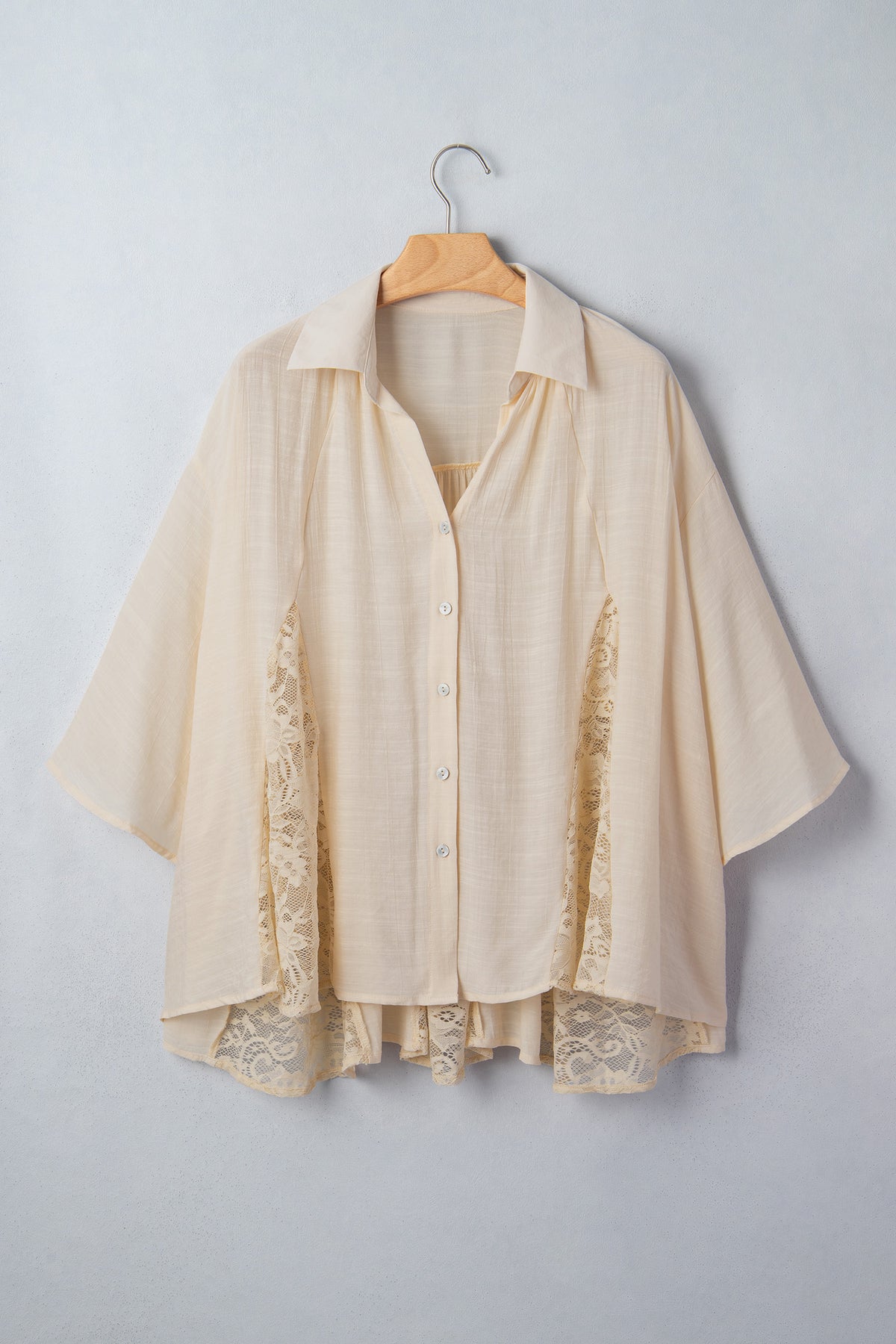 Oatmeal Sheer Lace Splicing Detail Bracelet Sleeve Loose Flowy Shirt