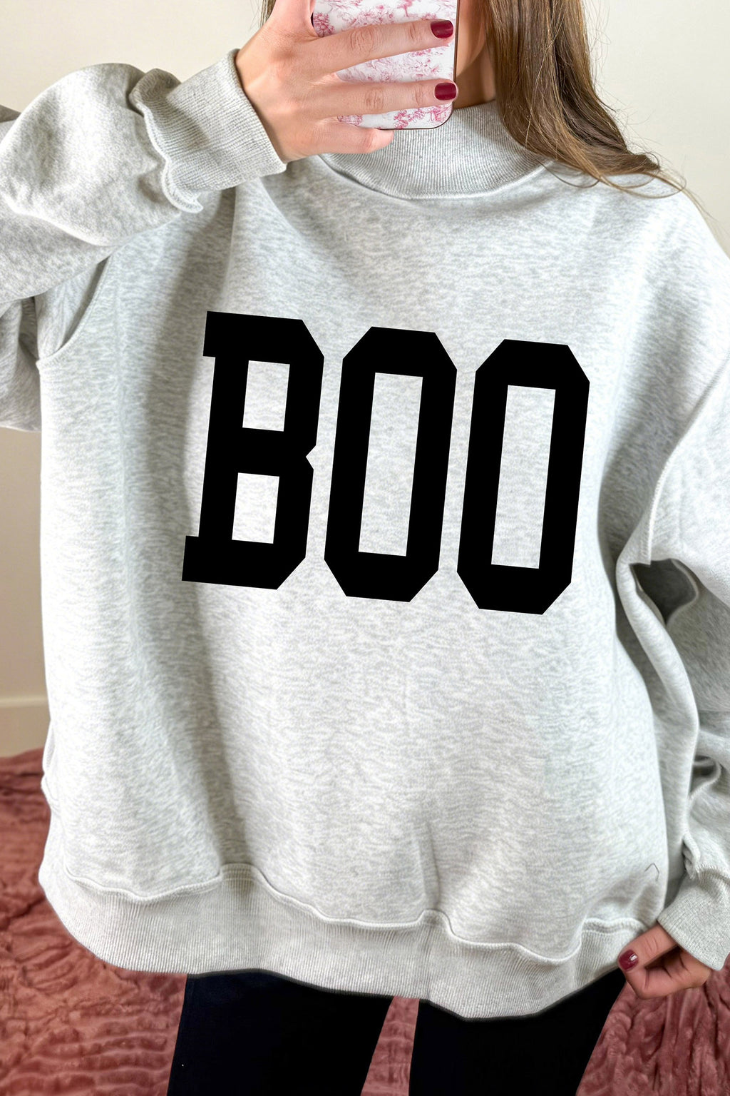 Light Grey Halloween Boo Slogan Ghost Print Reversible Mock Neck Sweatshirt