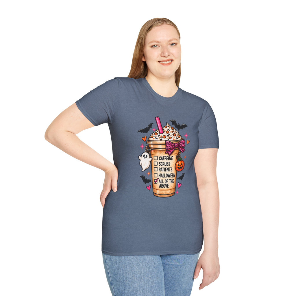 Halloween Nurse Coffee T-Shirt — "Caffeine, Scrubs, Patients" Fall Medical Tee