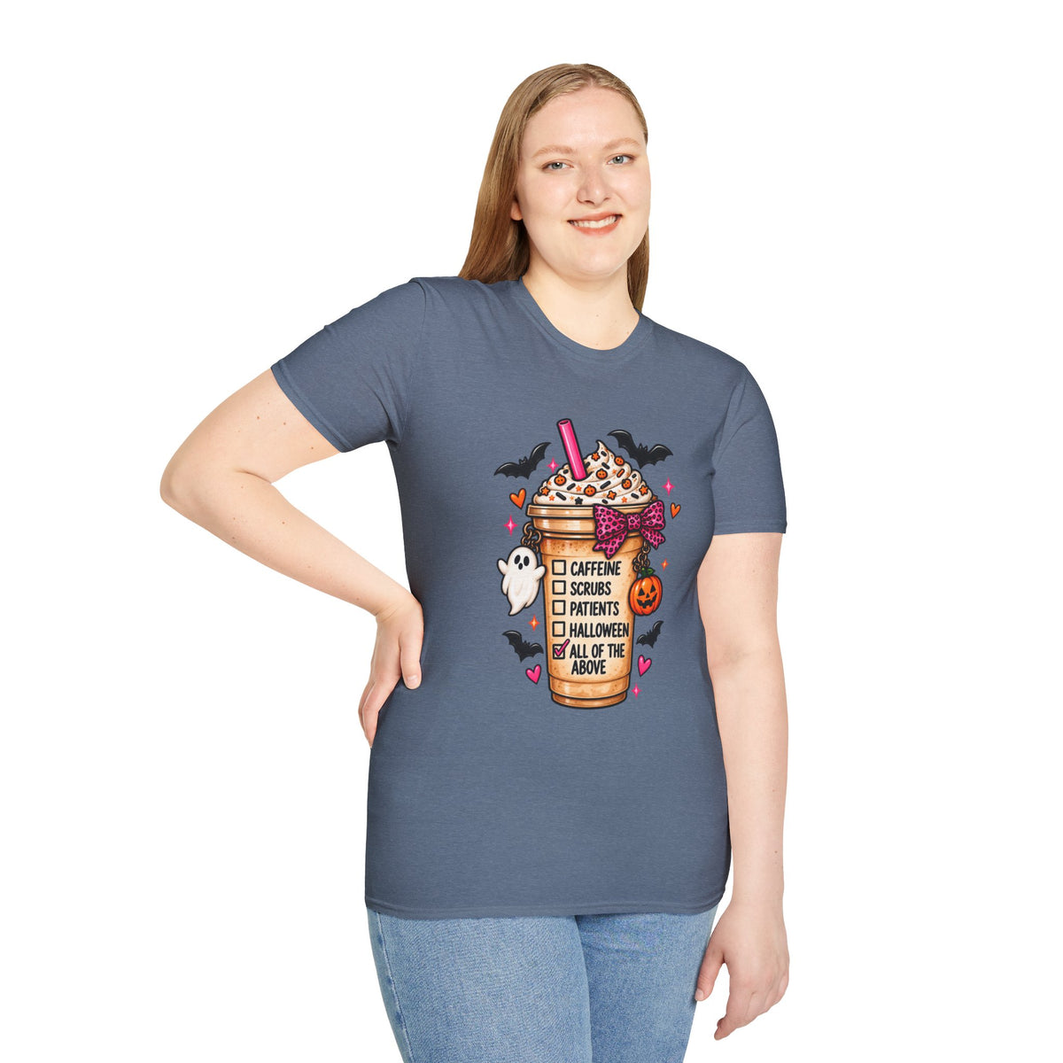 Halloween Nurse Coffee T-Shirt — "Caffeine, Scrubs, Patients" Fall Medical Tee