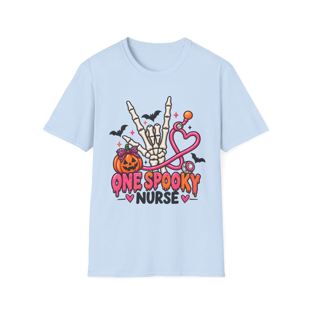 Halloween Nurse T-Shirt — "One Spooky Nurse" Skeleton, Pumpkin & Stethoscope Tee