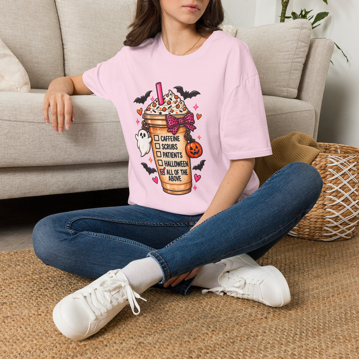 Halloween Nurse Coffee T-Shirt — "Caffeine, Scrubs, Patients" Fall Medical Tee