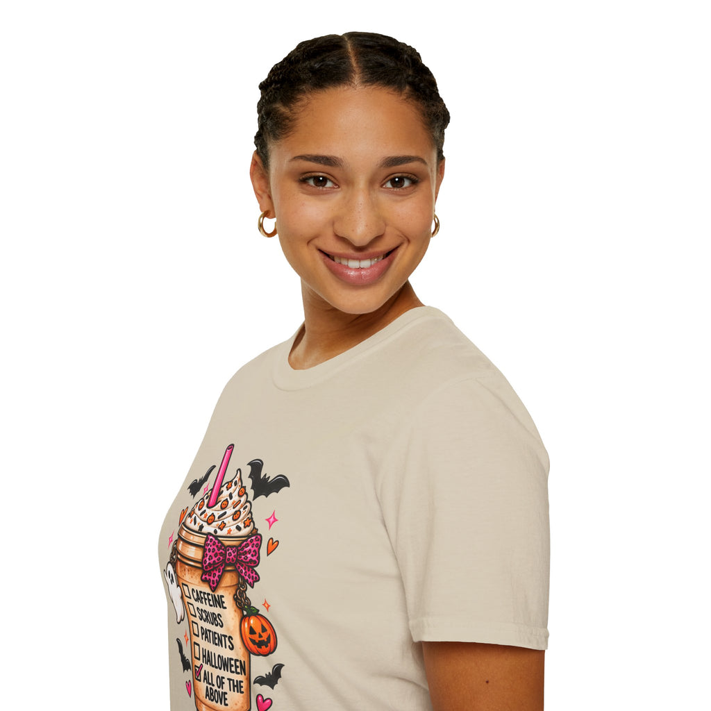 Halloween Nurse Coffee T-Shirt — "Caffeine, Scrubs, Patients" Fall Medical Tee