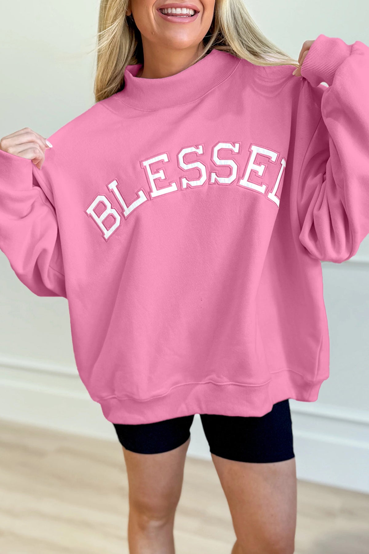 Light Pink Oversize Blessed Embroidered Mock Neck Sweatshirt