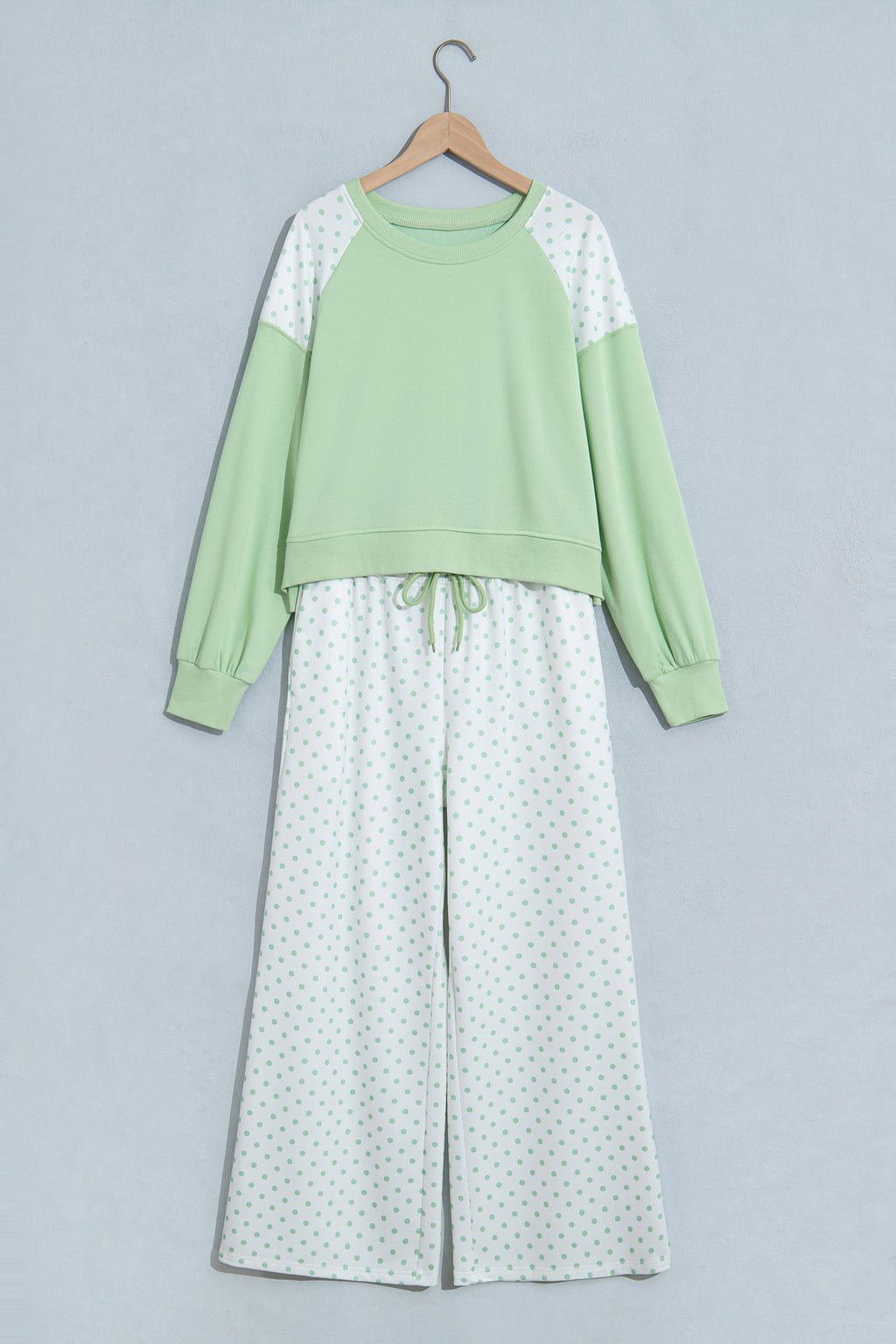 Pink Polka Dot Patchwork Colorblock Long Sleeve Casual Two Piece Pants Set