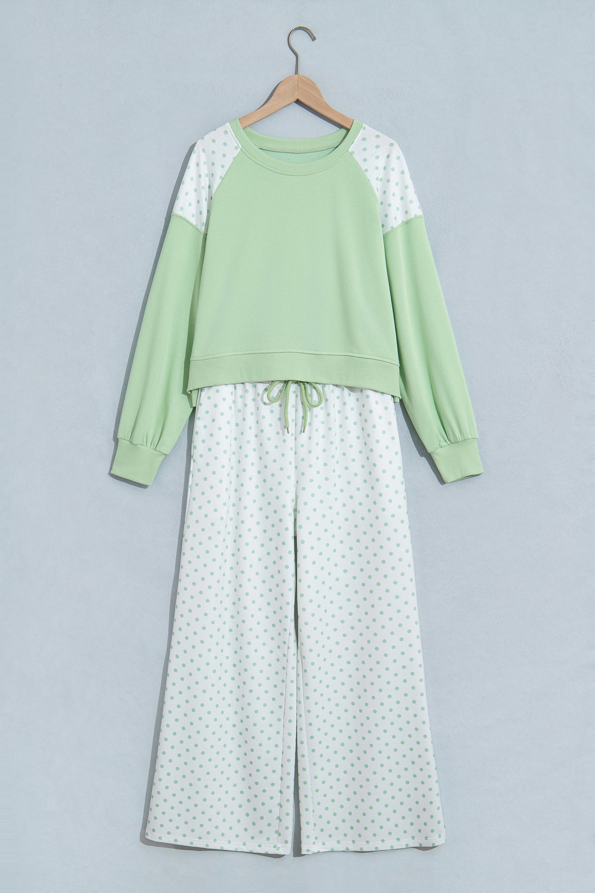 Pink Polka Dot Patchwork Colorblock Long Sleeve Casual Two Piece Pants Set