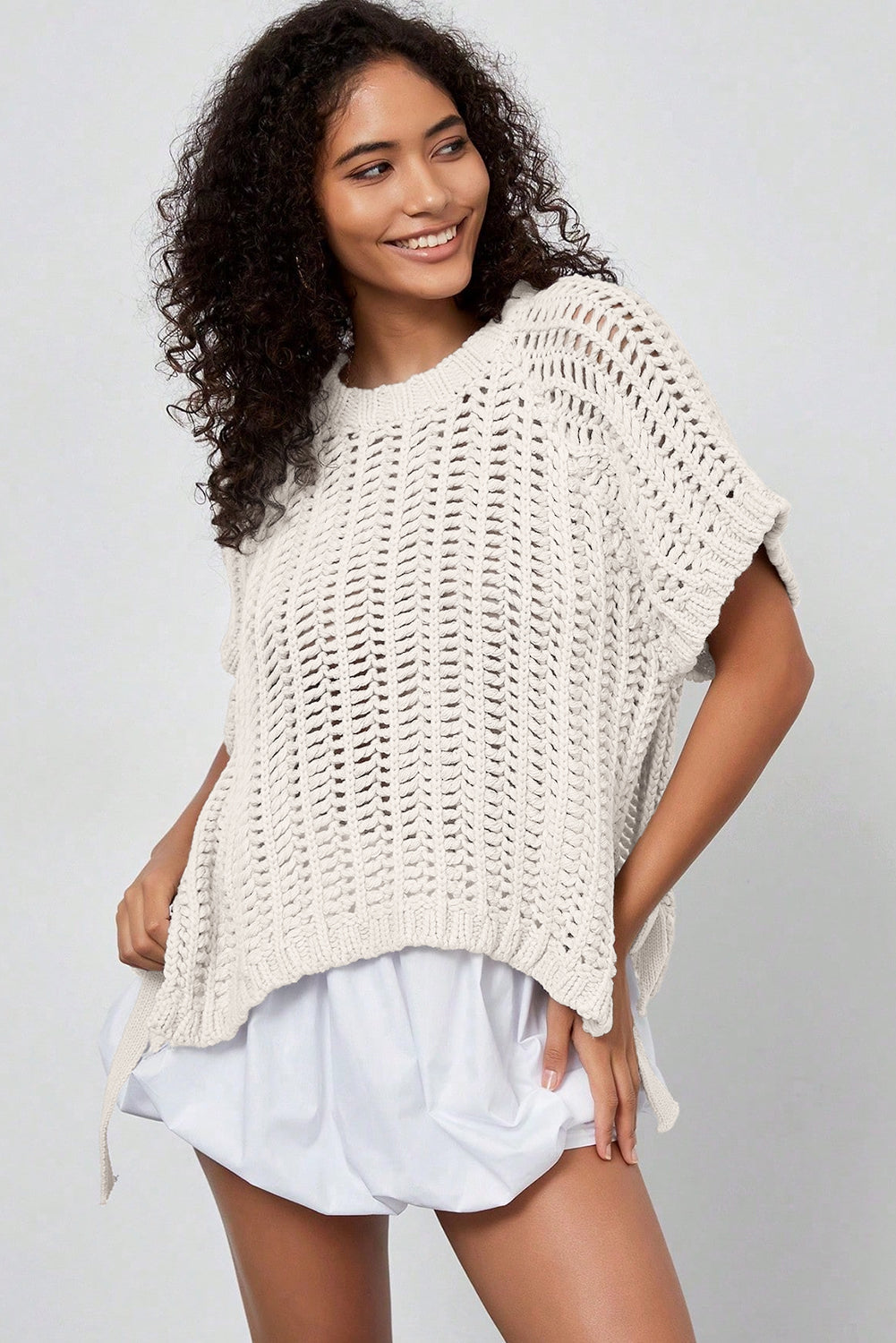 Apricot Plus Size Open Knit Bow Tie Short Sleeve Sweater