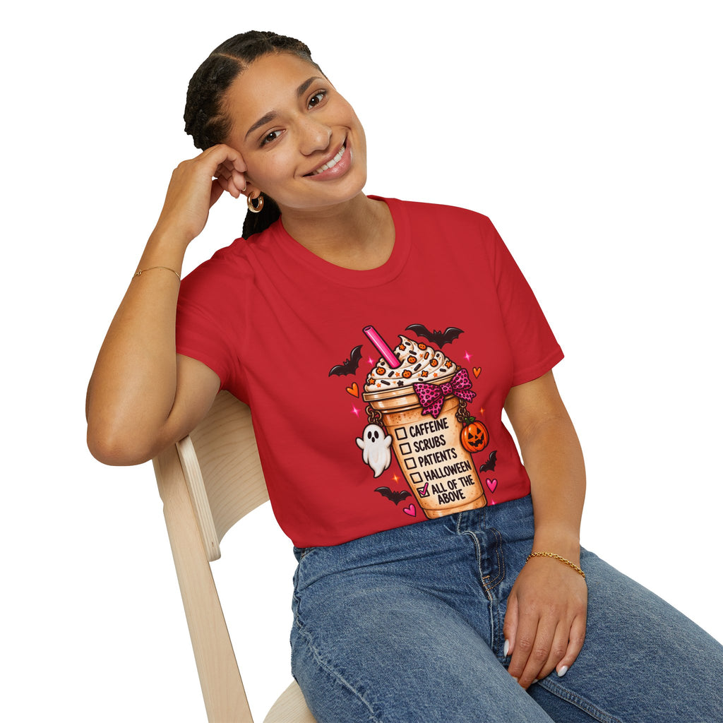 Halloween Nurse Coffee T-Shirt — "Caffeine, Scrubs, Patients" Fall Medical Tee