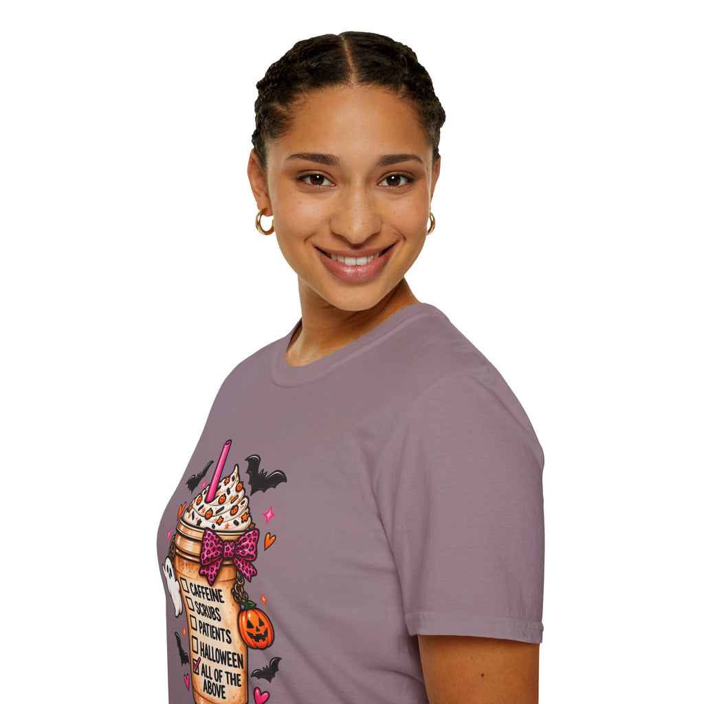 Halloween Nurse Coffee T-Shirt — "Caffeine, Scrubs, Patients" Fall Medical Tee