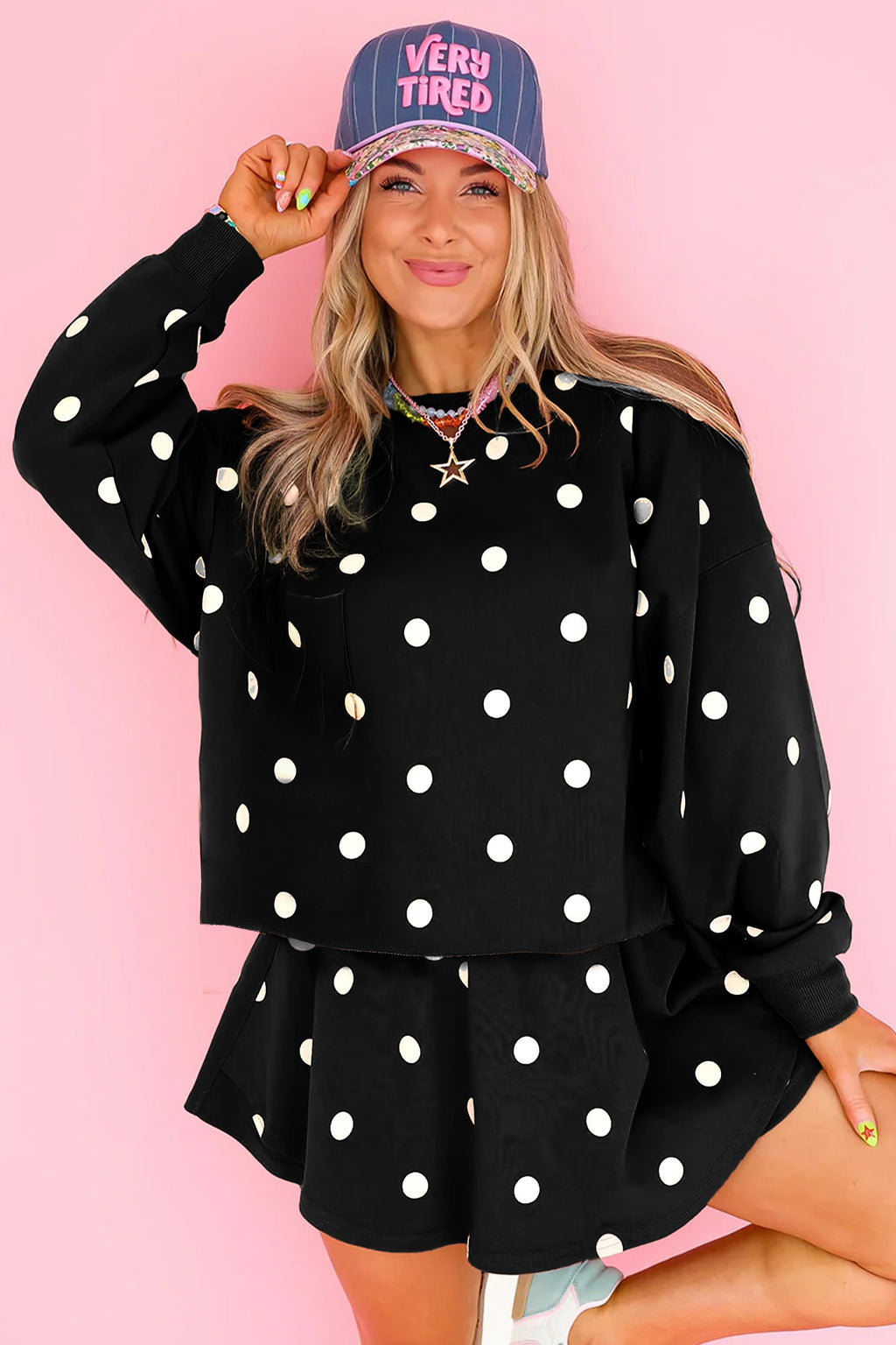 Beige Polka Dot Raw Hem Relaxed Pullover Loose Skort Two Piece Set
