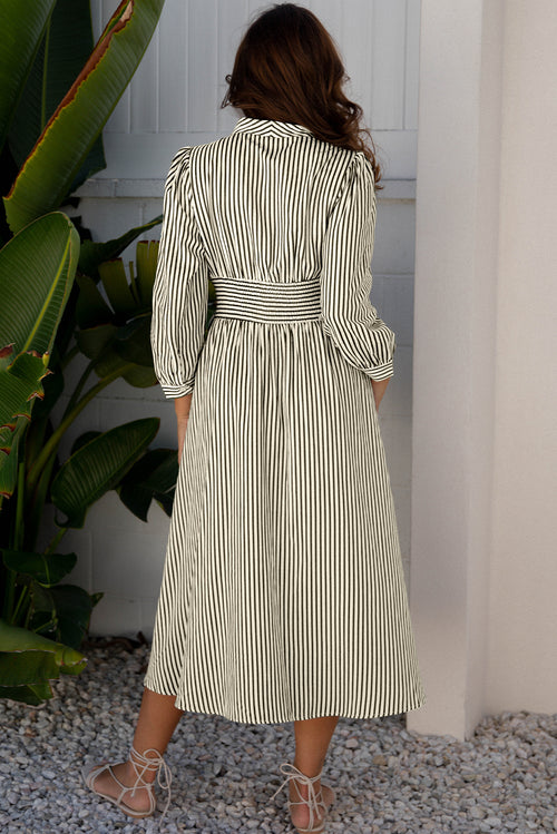 Black Stripe V Neck Zip Front Cinched High Waist Midi Dress